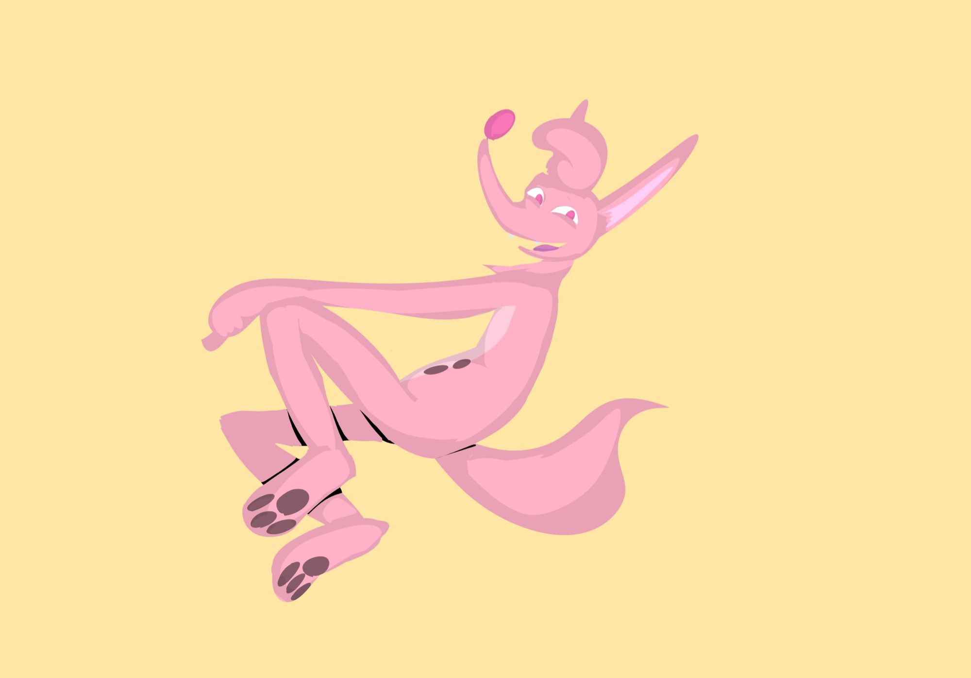 A pink fox smiles back at you, while floating in a yellow void.