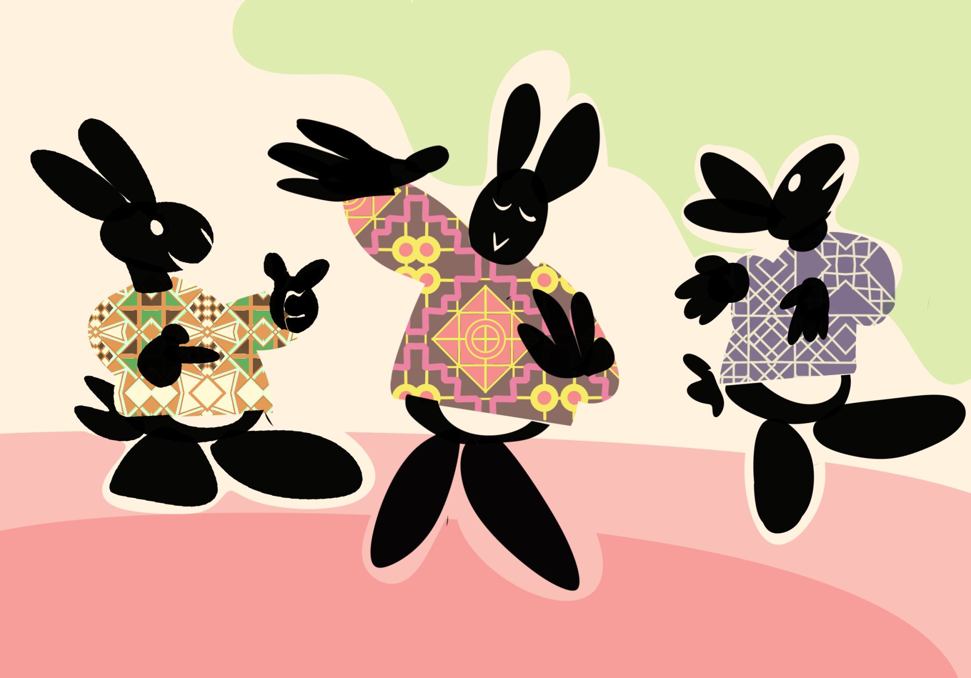 Three rabbits in easter egg pattern shirt s danse