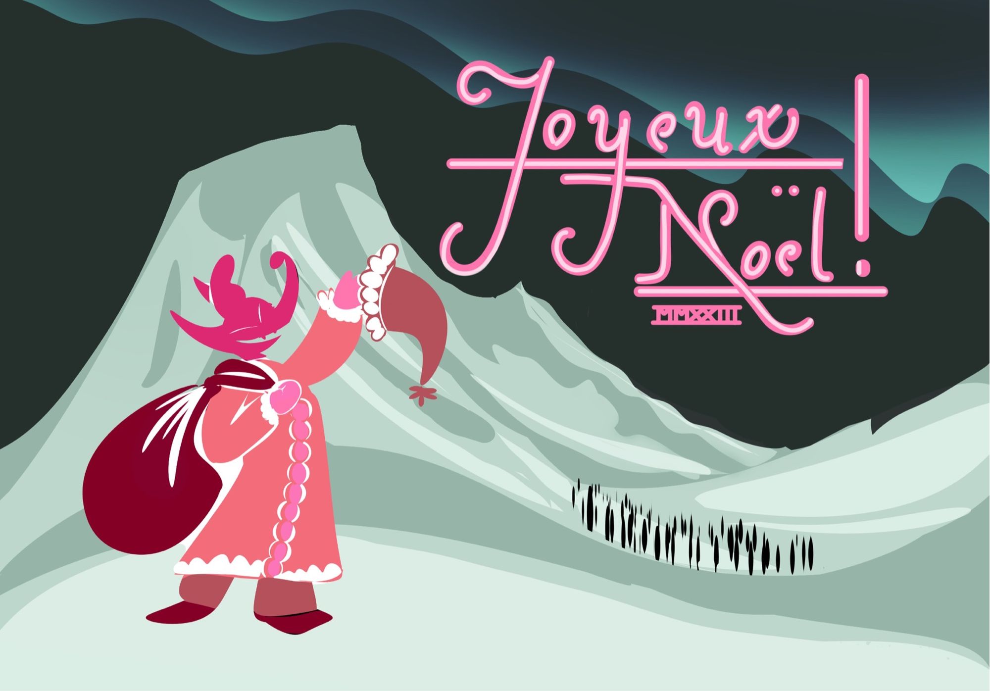 A pink fox dressed as a Santa weaves their hat against an Arctic landscape, the words “Joyeux Noël!” appear in the sky.