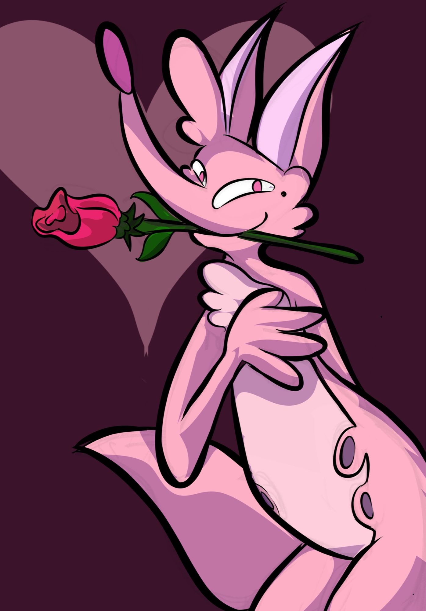 A pink fox smiles coyly at you as they hold a rose in their mouth.