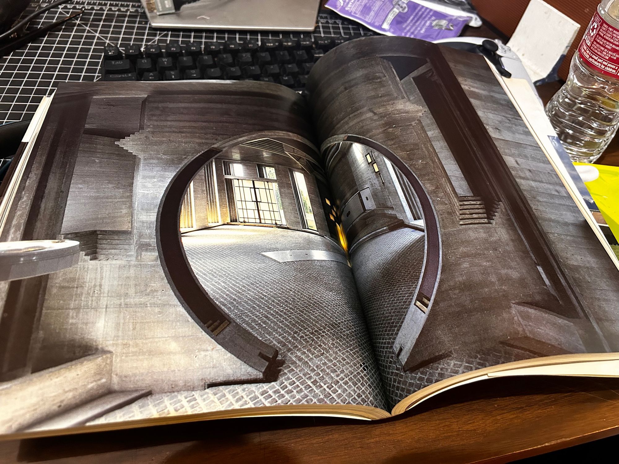 A photo of a magazine spread showing the interior of the pavilion at the Brion Family Cemetery.