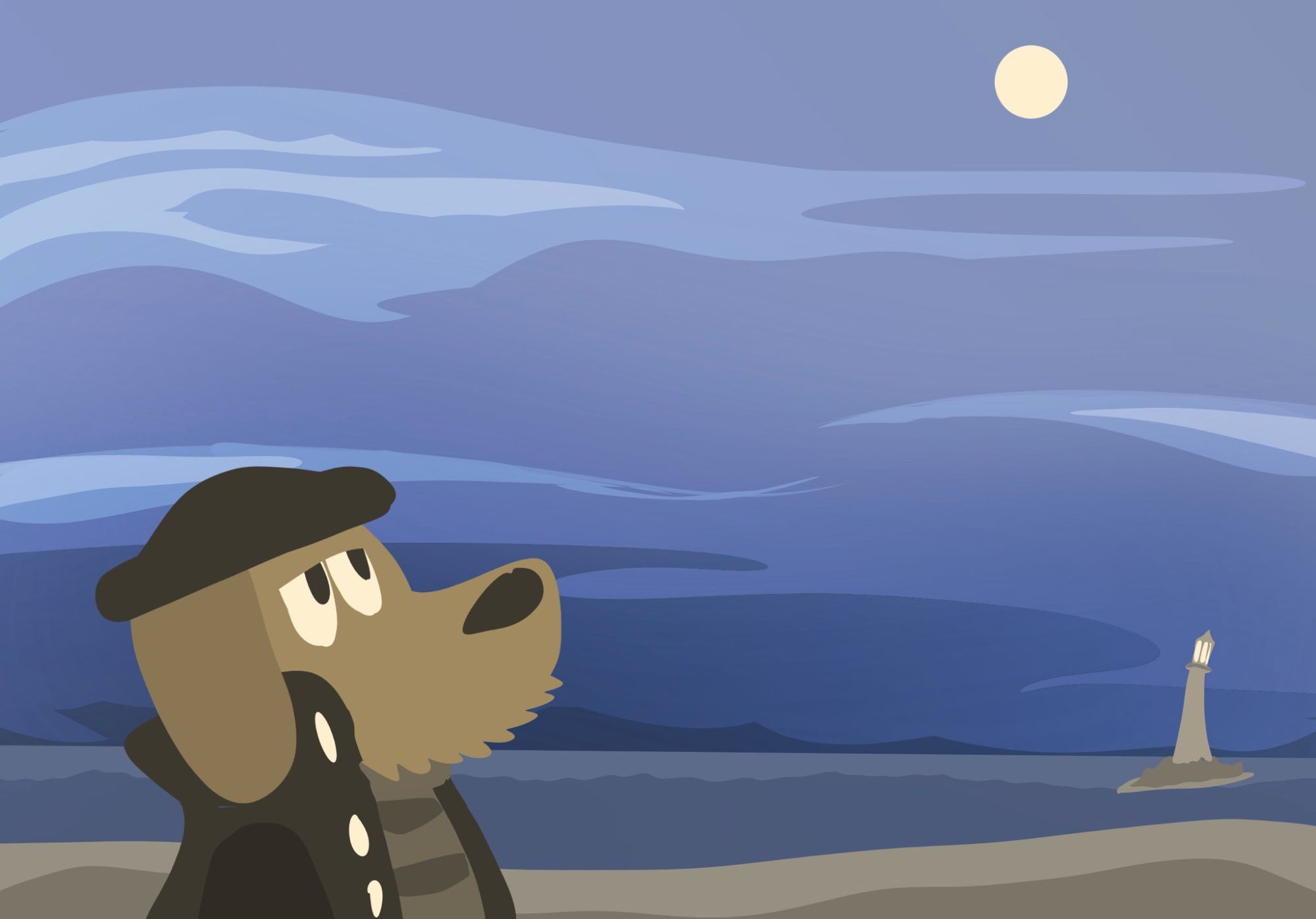 A Scruffy dog person watches the moon rise over their lighthouse against the gloomy sea