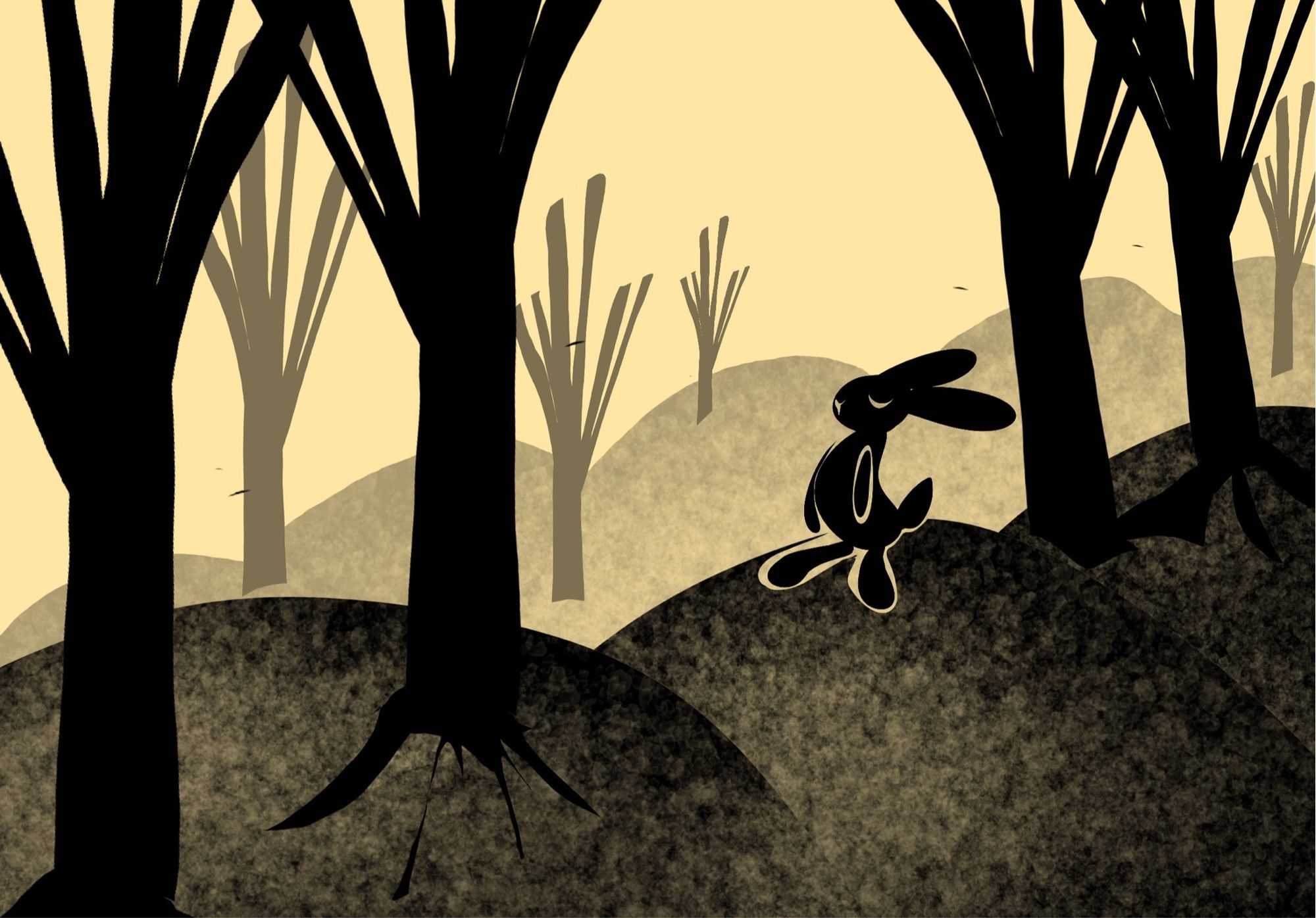 A monochrome scene of a rabbit in the woods.