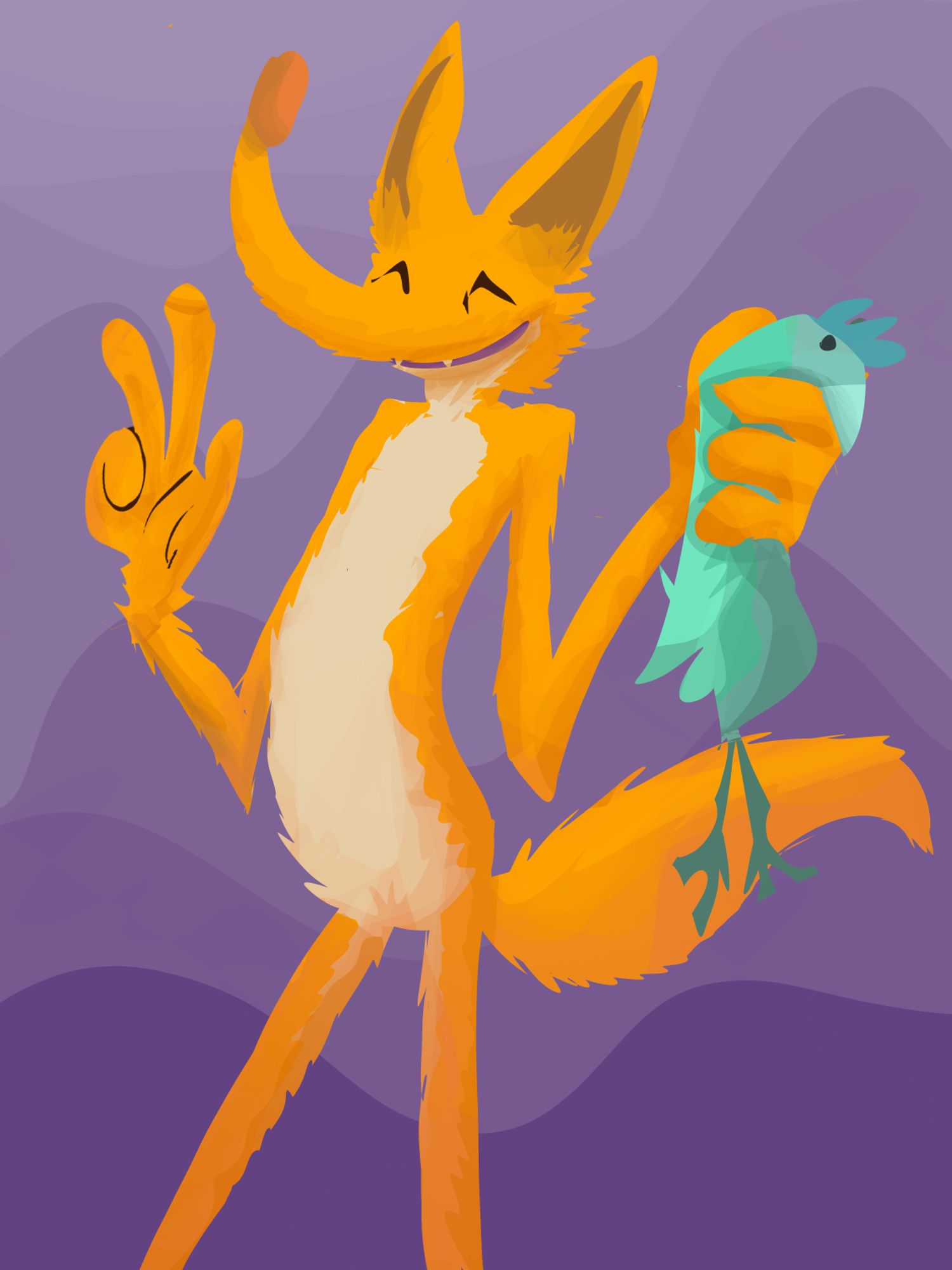 A orange fox holds up the peace sign while holding a bird in the other.