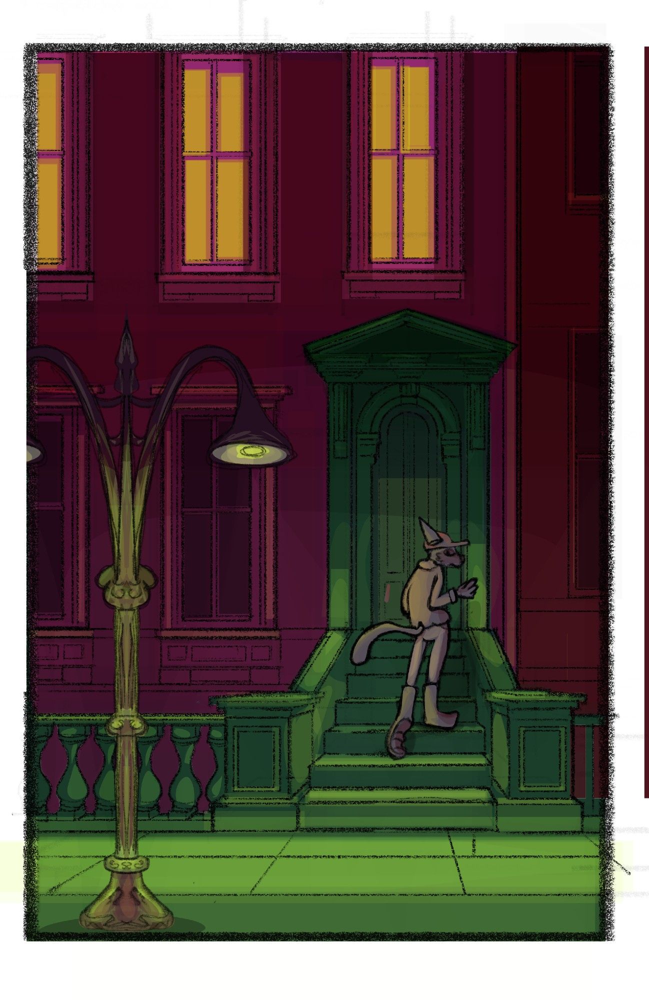 A colorful depictionof a cat person on a dimly lit stoop of an old apartment building.