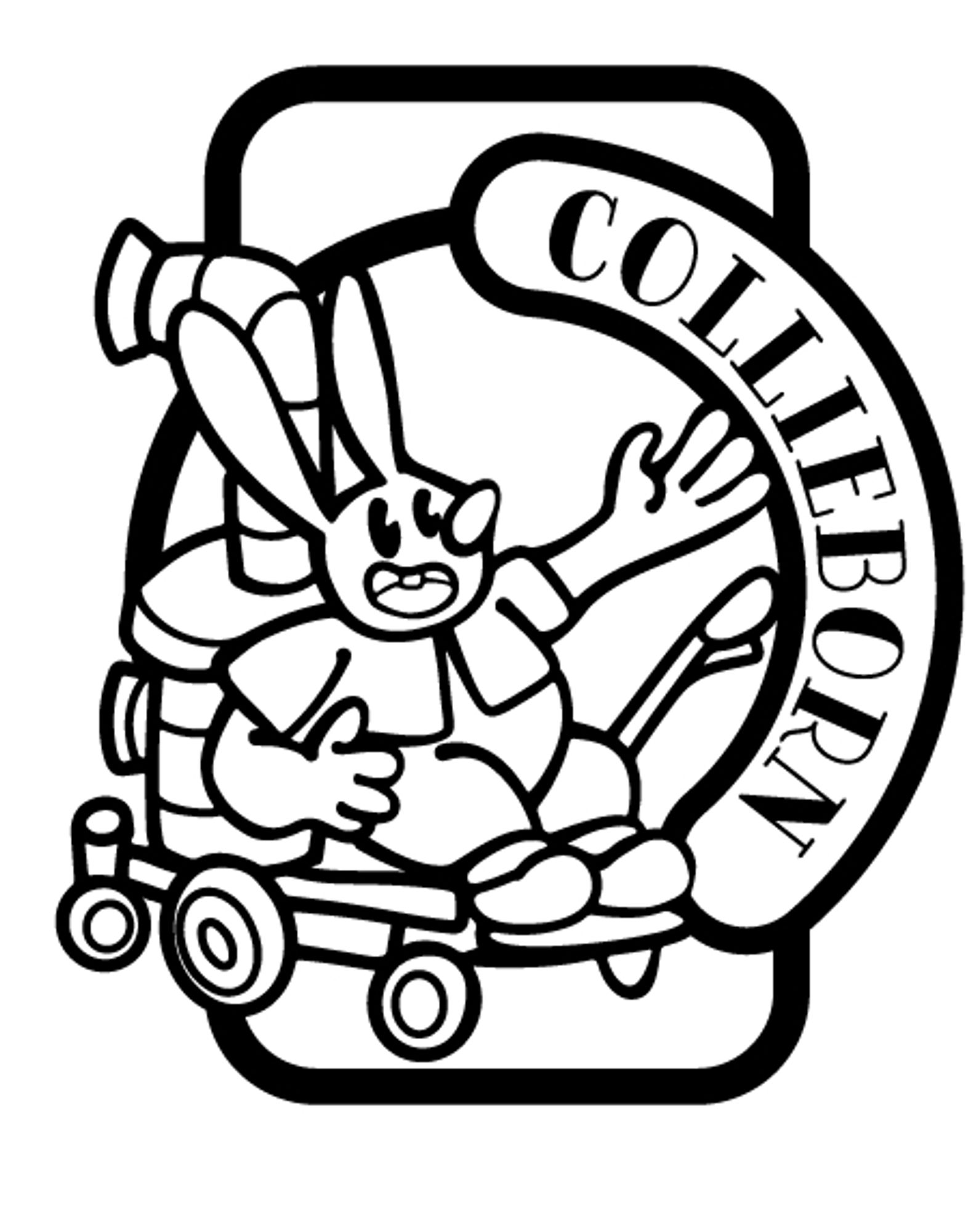 A design of a con badge featuring an old timey cartoon rabbit in a steam powered wheelchair. The word COLLEBORN raps around the figure.