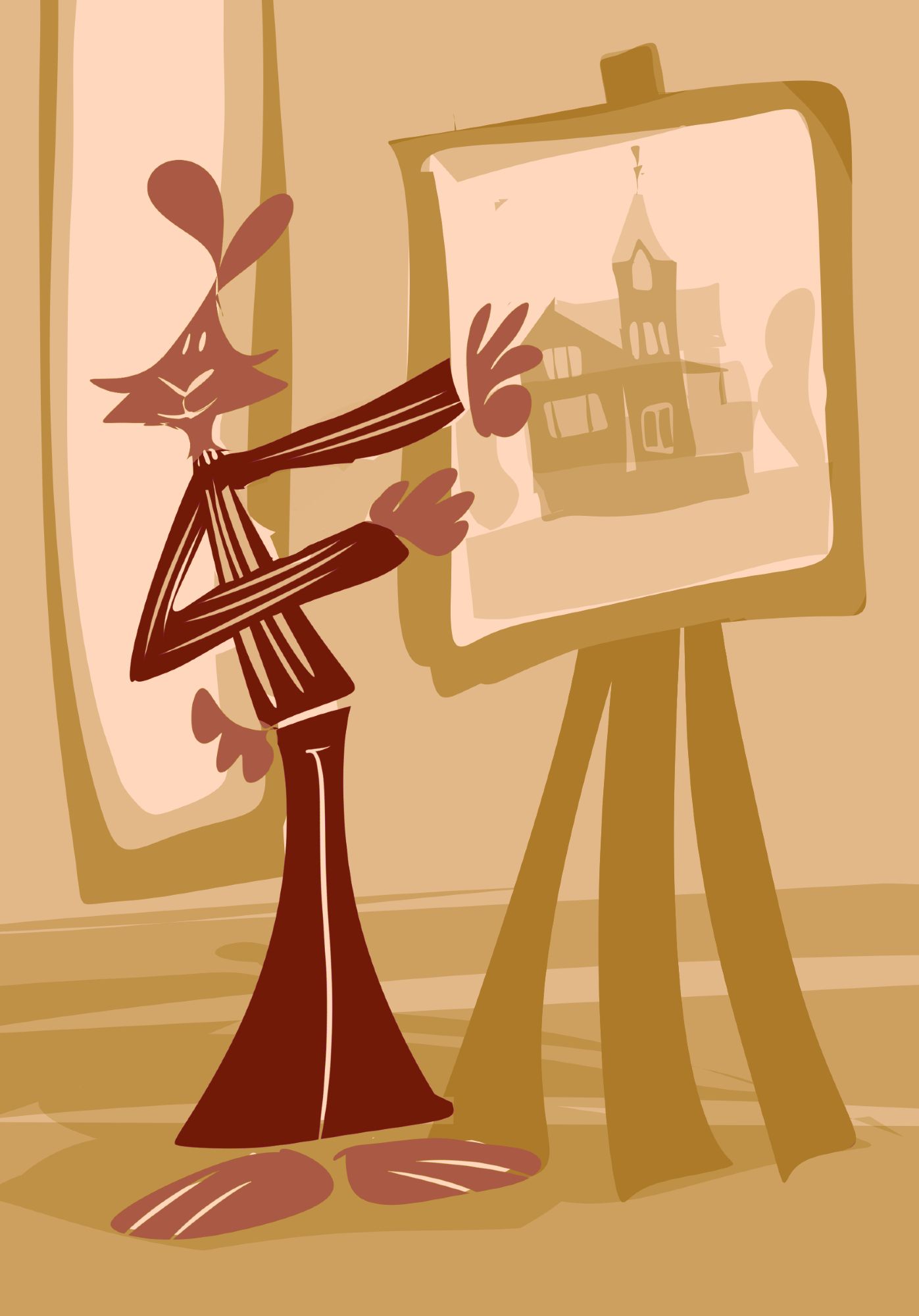 A lanky magenta bunny stands before a easel giving a presentation on a victorian style house.