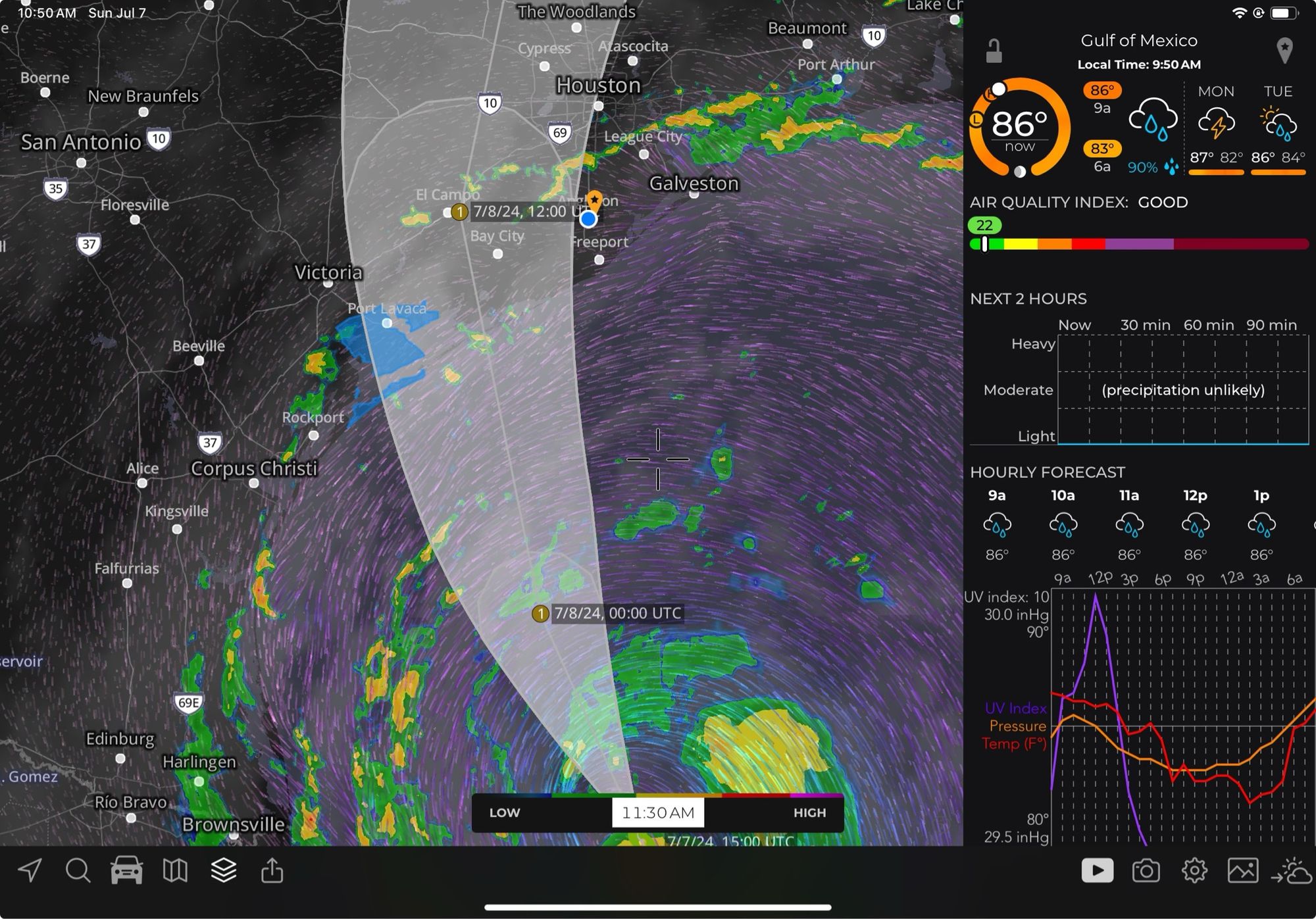 Radar of Hurricane Beryl closing in on the Texas Gulf Coast.