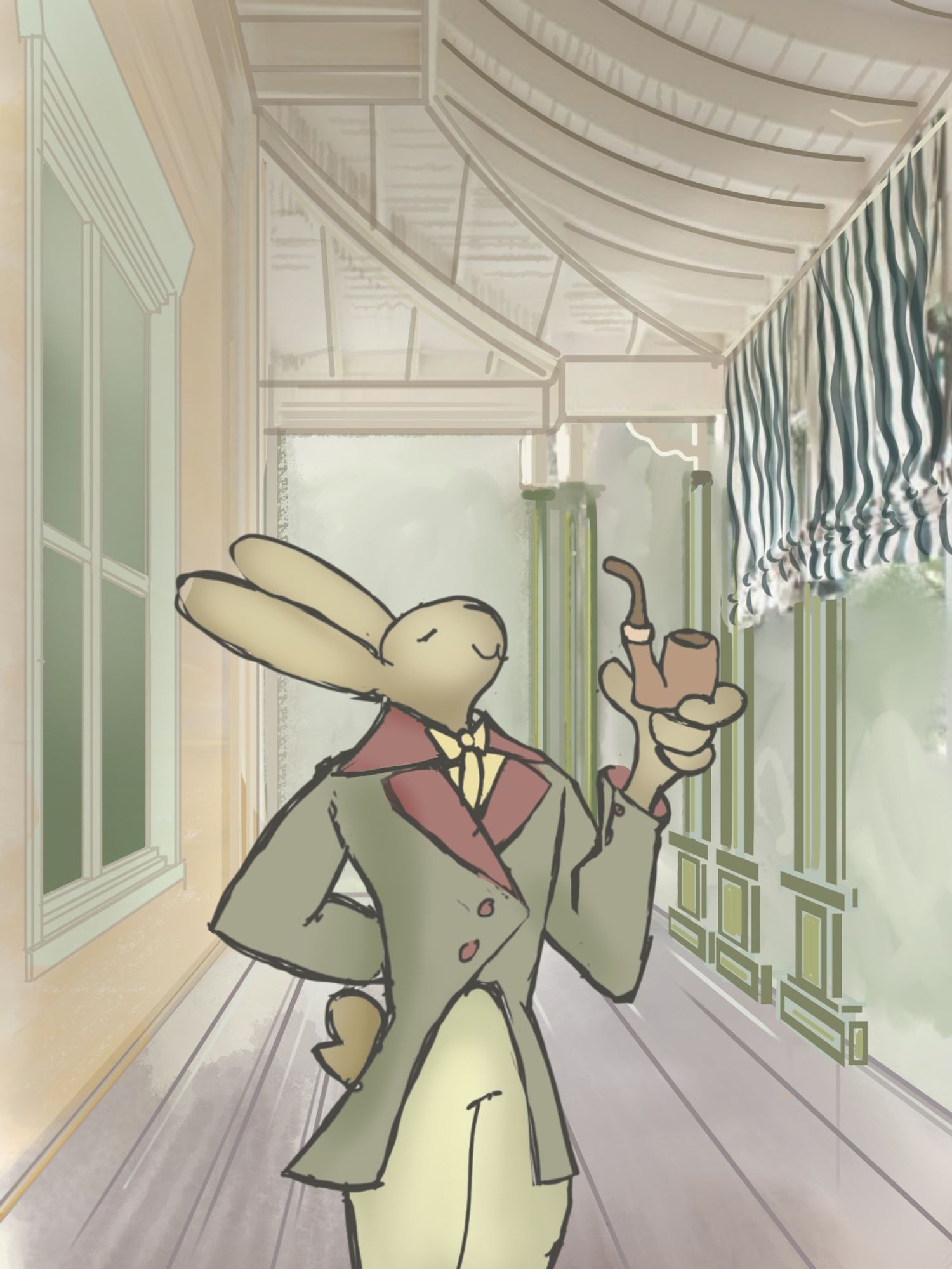 A bunny dressed in dandy attire holds a smoking pipe on an ornate porch