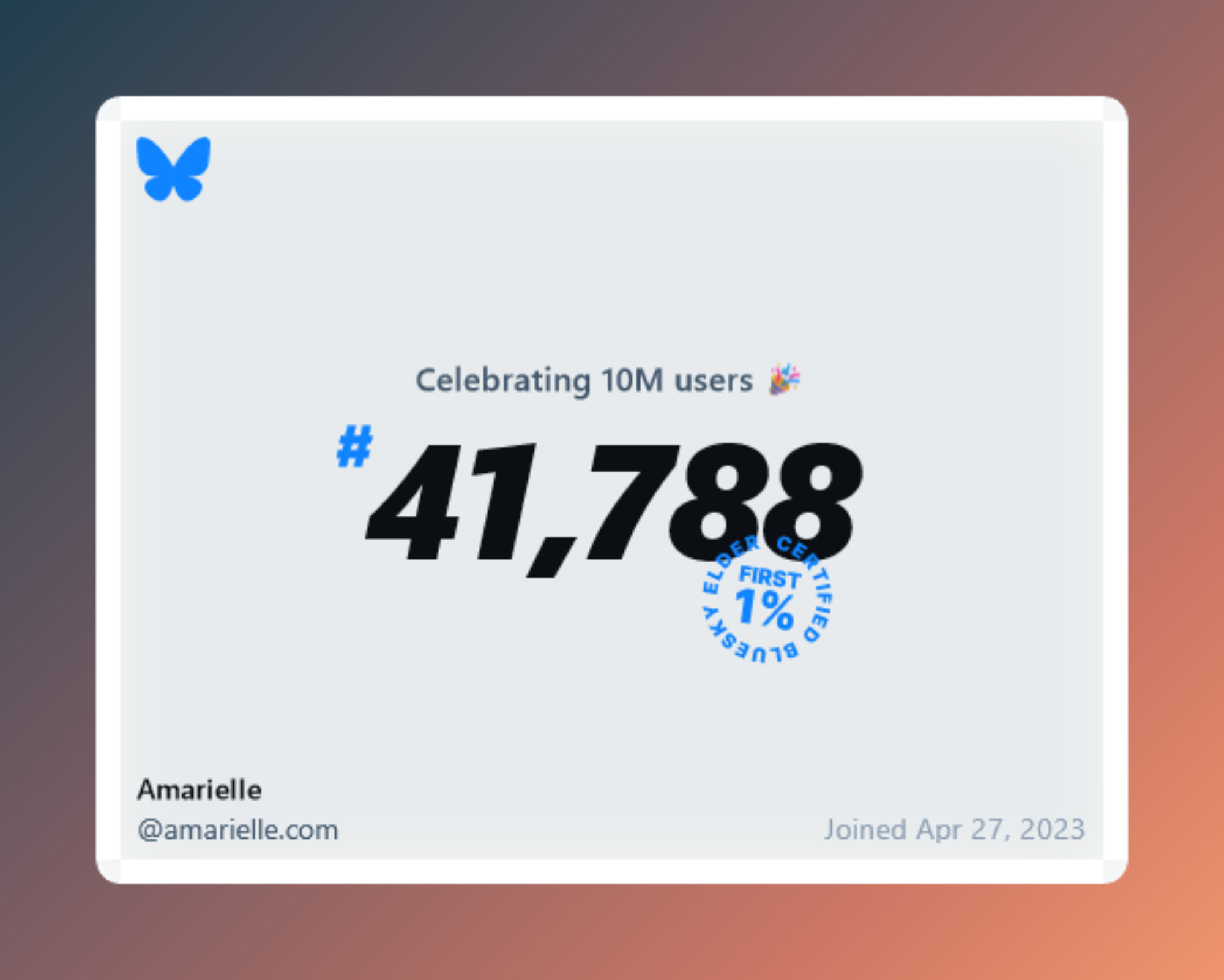 Celebrating 10 million users, image shows that amarielle.com was user 41,788