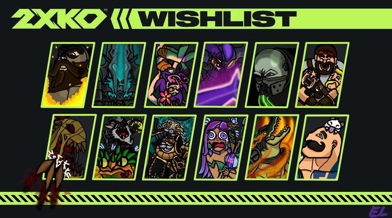 I saw some people on Twitter, and Reddit used this frame to feature their wishlist for the upcoming 2XKO game, so I decided to draw them instead, and I'm super happy with how it turned out. 
Characters from top left to bottom right are:
- Gangplank
- Ledros
- Neeko
- Kassadin
- Urgot 
- Breshi (with Oscar and George, not official names for these 2)
- Fiddlesticks 
- Kled 
- Cornelius 
- Lillia 
- Renekton 
- Braum ( this list was made way before he was revealed)