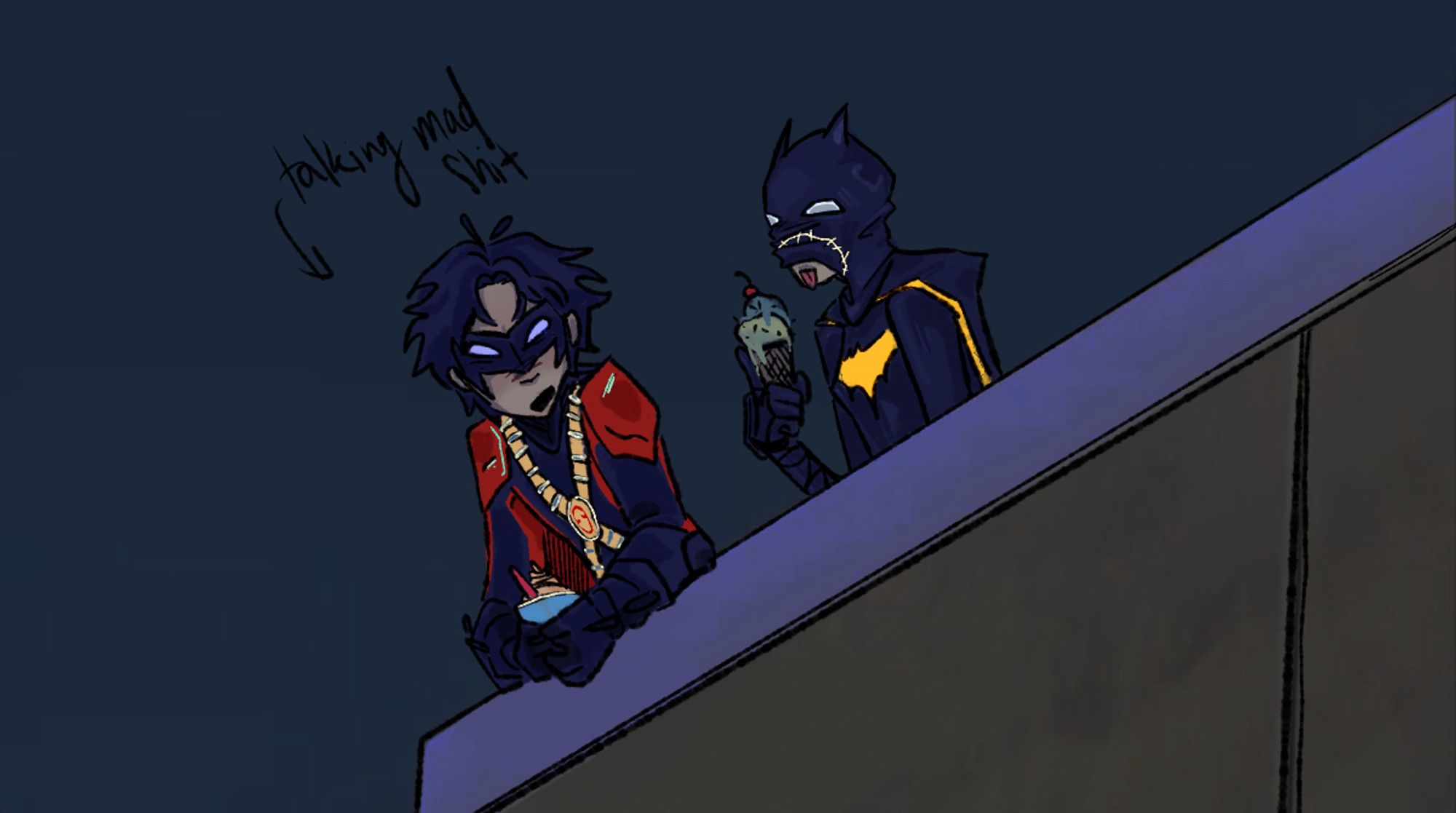 picture of tim drake in red robin gear, eating icecream with cassandra cain, in blackbat gear eating icecream as well on a roof, and “talking mad shit —>” pointed towards tim