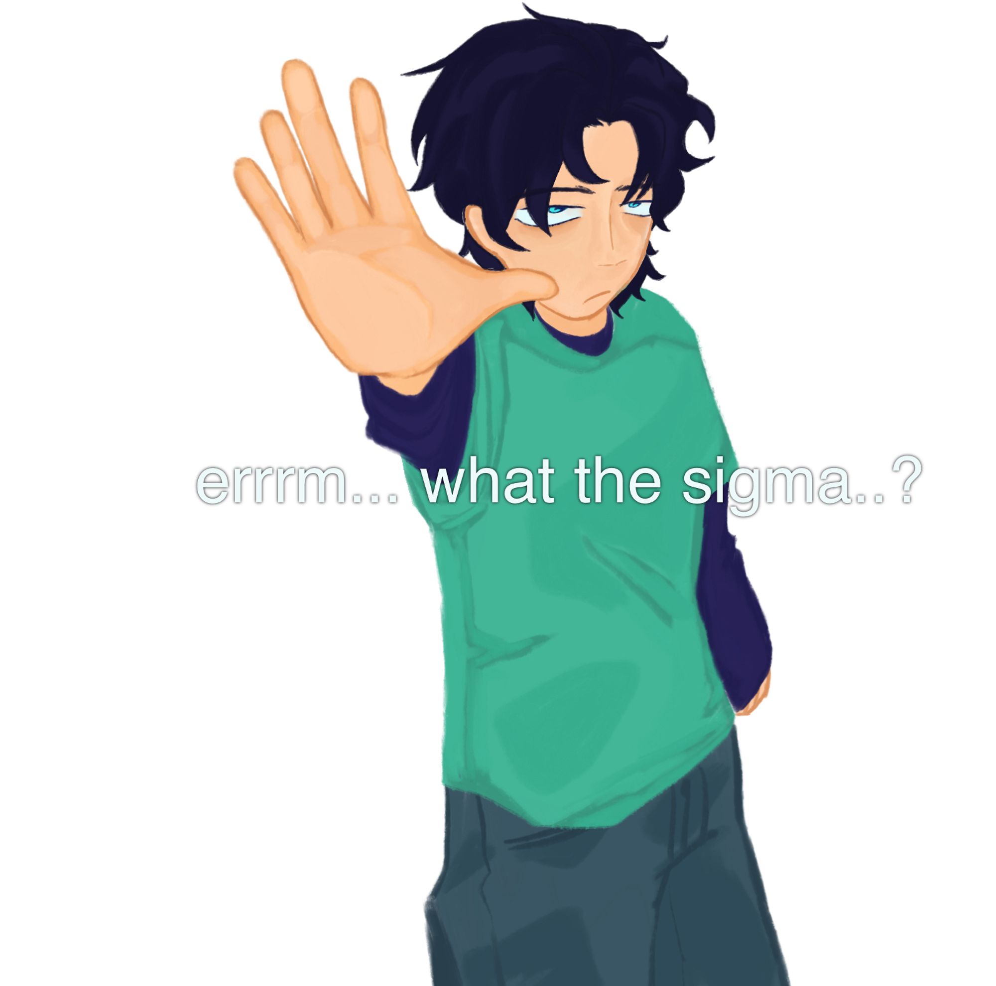 tim drake holding his hand up to the camera, as a stop. and the words “errrm… what the sigma..?”