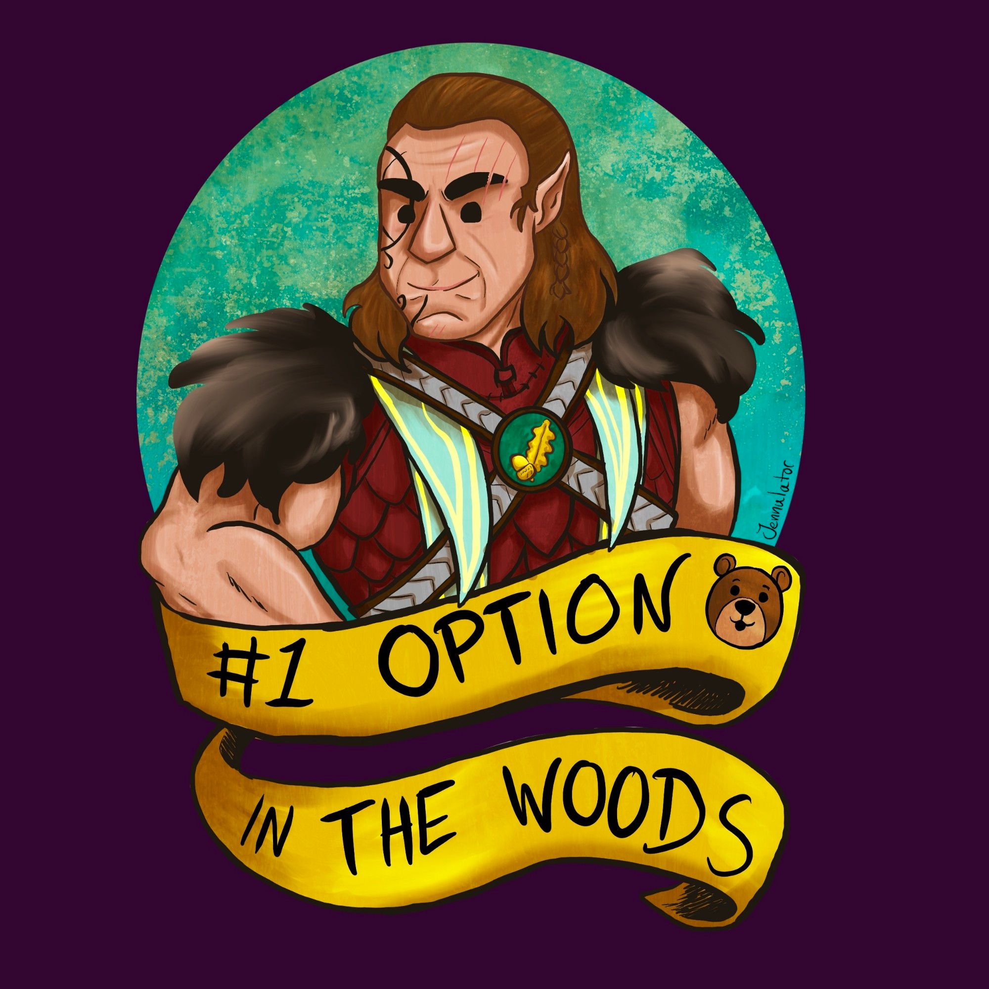 Illustration of Halsin from Baldur's Gate 3. Below him is a banner saying "number one option in the woods" and a small stylized bear face