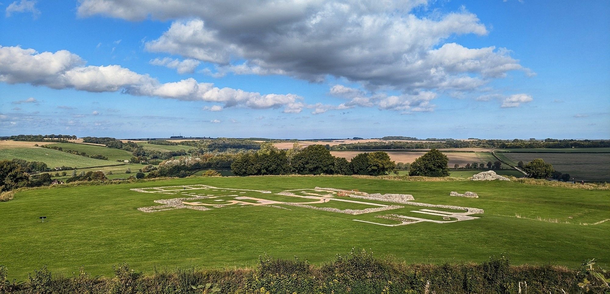 Looking out from Old Sarum, across the cathedral foundations to the rolling Wiltshire countryside.