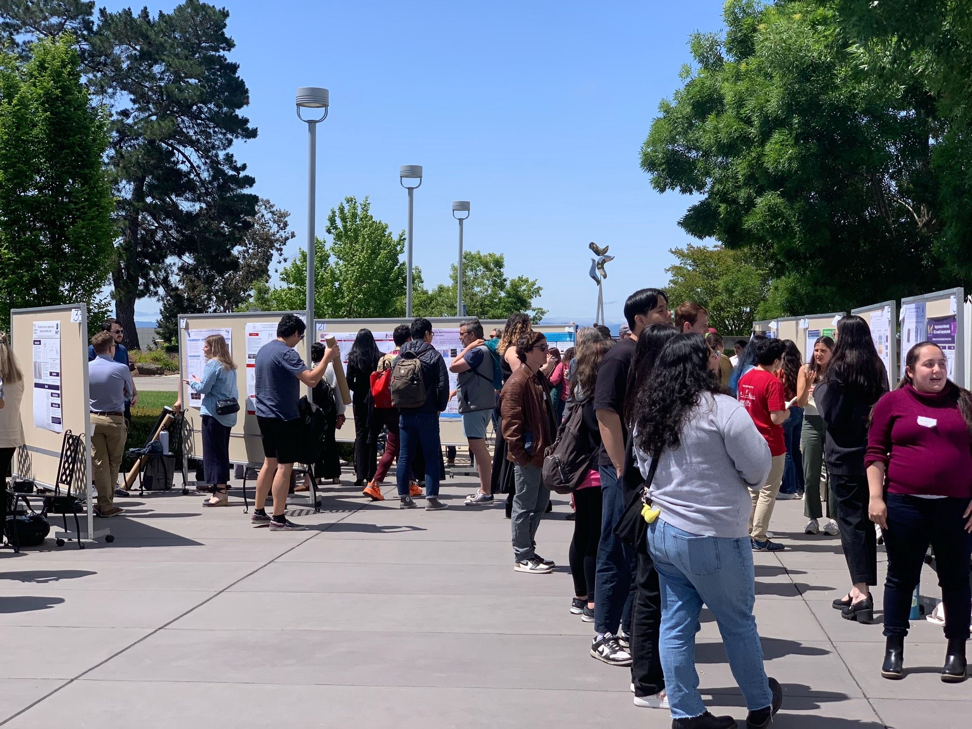 The poster session! Worm enthusiast stream along a cement pathway, congregating at posters where they learn and debate. Undergrads, grads and postdocs each had the chance to win a $100 prize (and a priceless mug) for their posters!