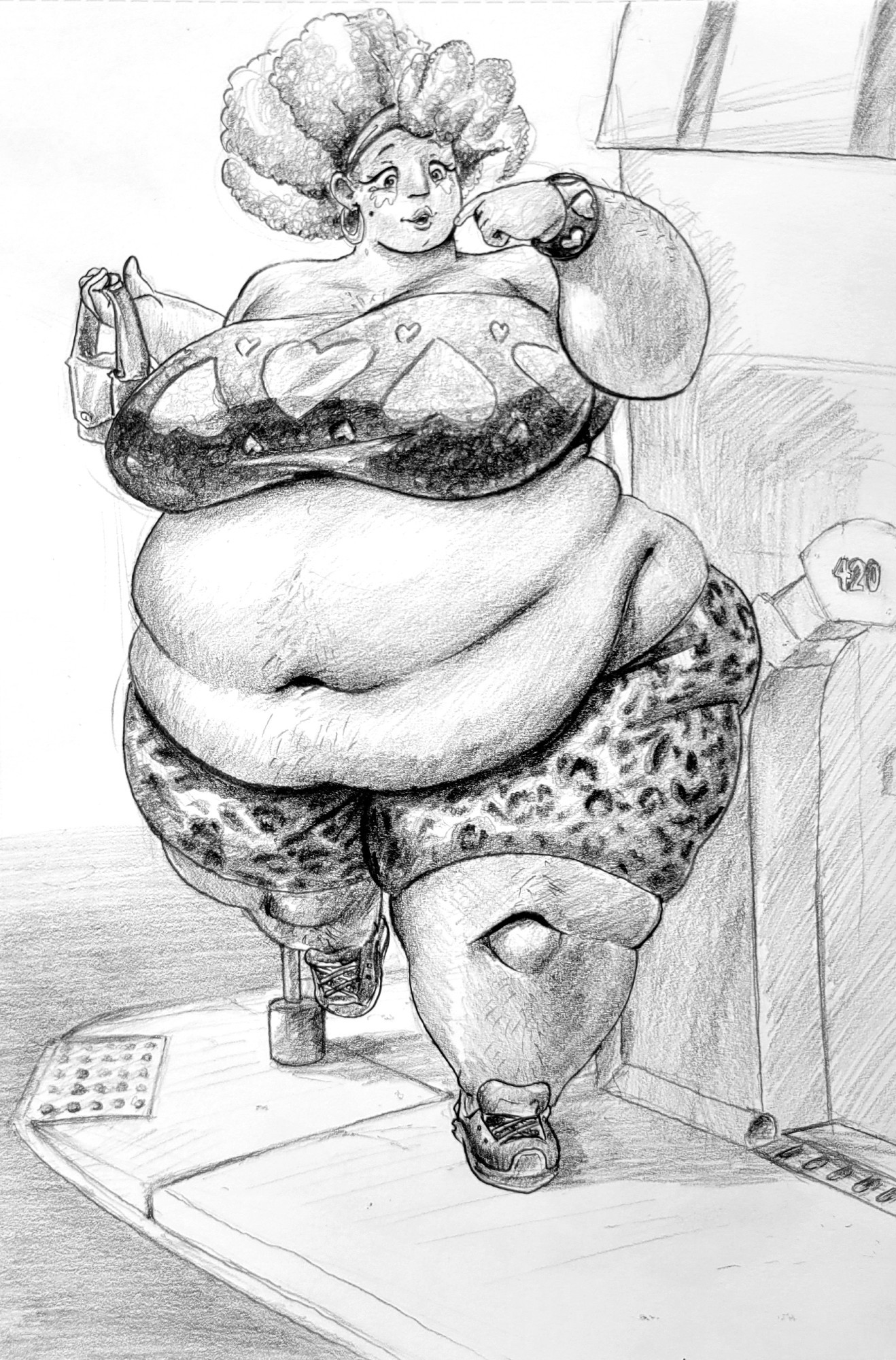 A pencil drawing of a large woman in leopard print shorts and tube top walking down the street.