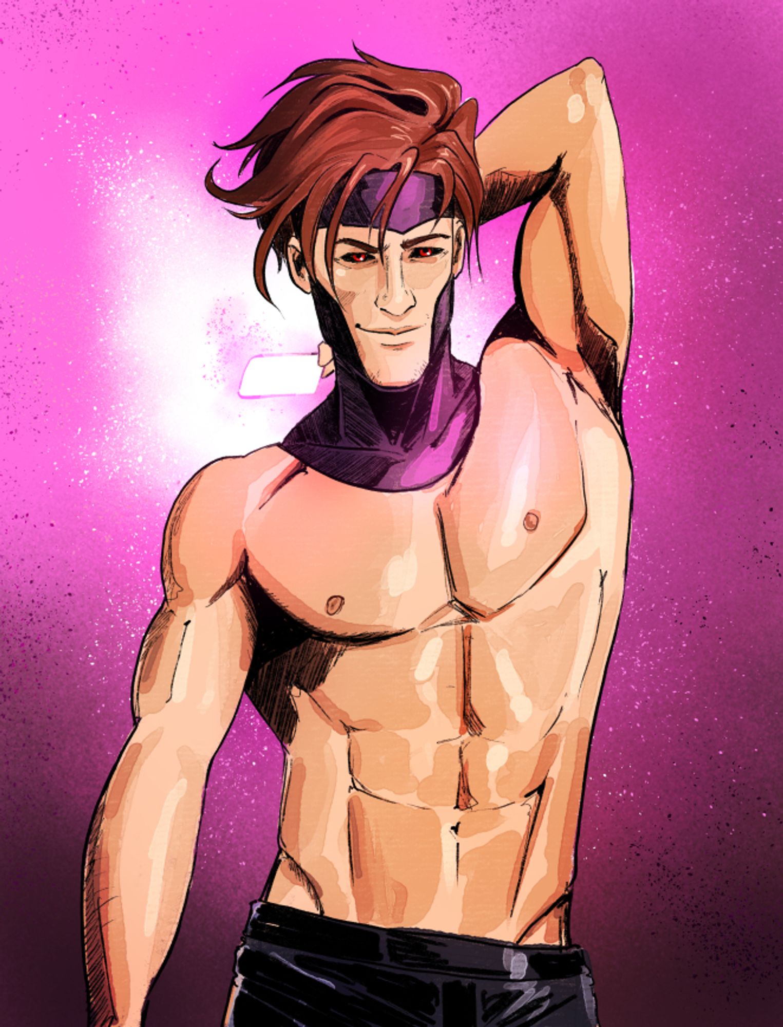 A digital illustration of Gambit from the X Men, wearing only  his cowl and a pair of pants and offering the camera a little smirk.