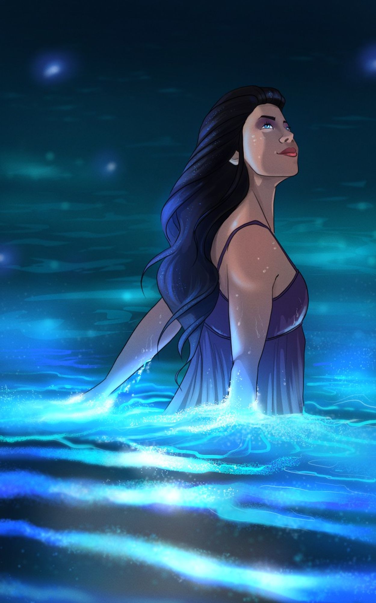 A digital illustration of a woman wading waist-deep through the ocean at night, her trailing arms swirling bioluminescence through the gentle waves.