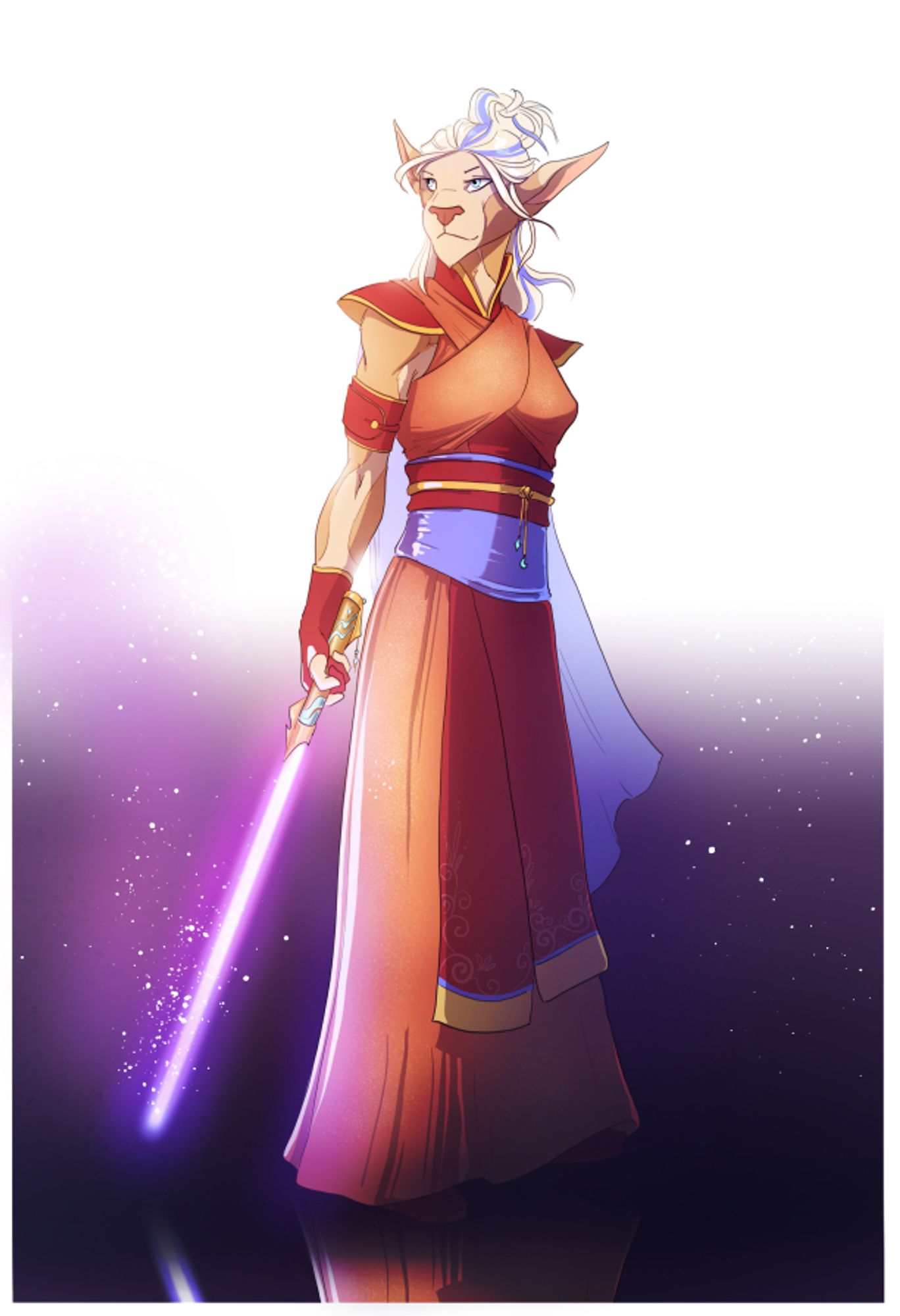 Digital illustration of a bothan wearing red, orange and blue robes, casually holding a lightsaber with a pink/purple glow. She appears calm and stoic.