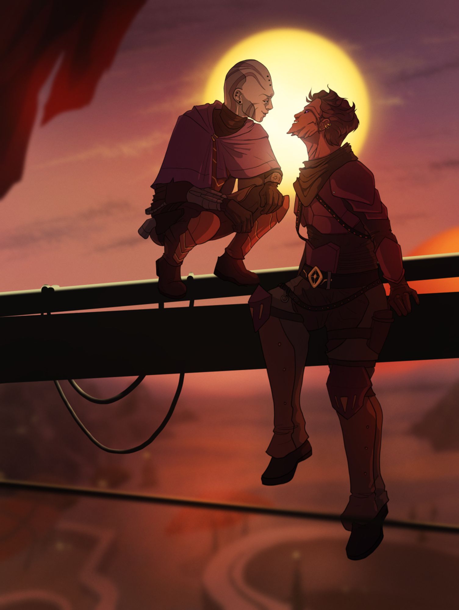 Digital illustration of two star wars ocs, a rattataki and a sith pureblood, perched on a railing together high above a Tatooine landscape.