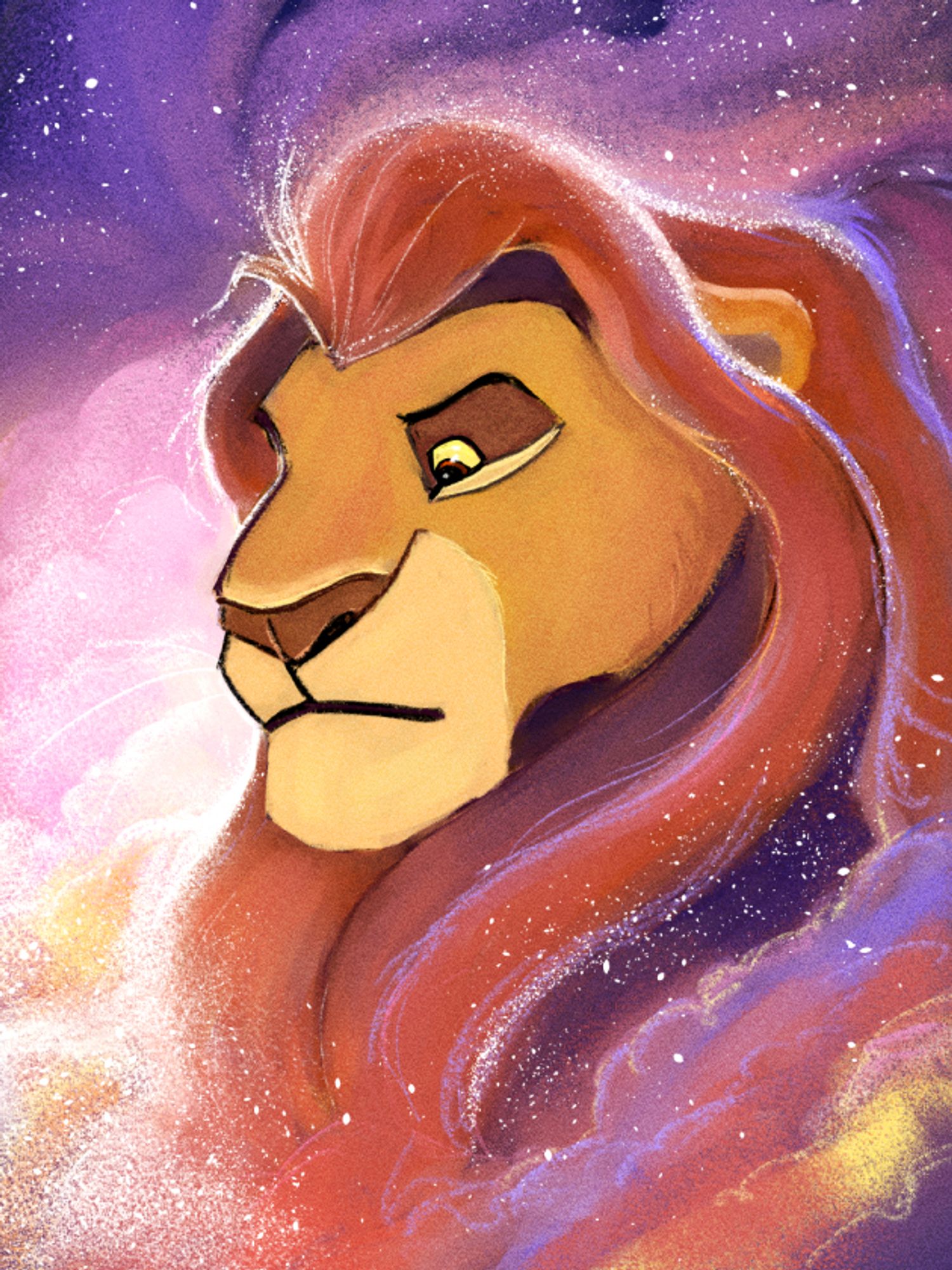 A little digital artwork of Mufasa from Disney's 'The Lion King', done in rough gouache and pencil brushes, surrounded by vividly coloured clouds and scatterings of stars.