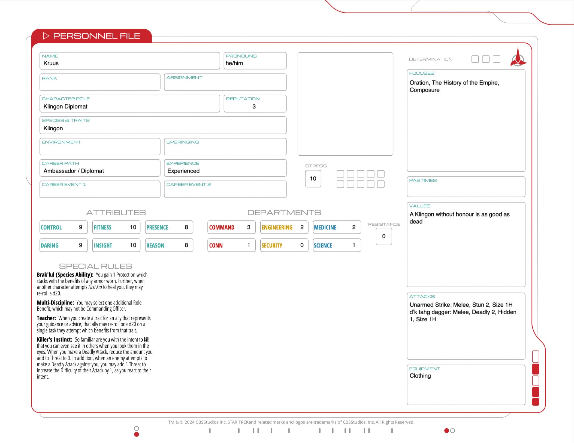 A version of the new landscape character sheet, coloured in the "Klingon Red" colour scheme. Note the Klingon symbol in the corner.