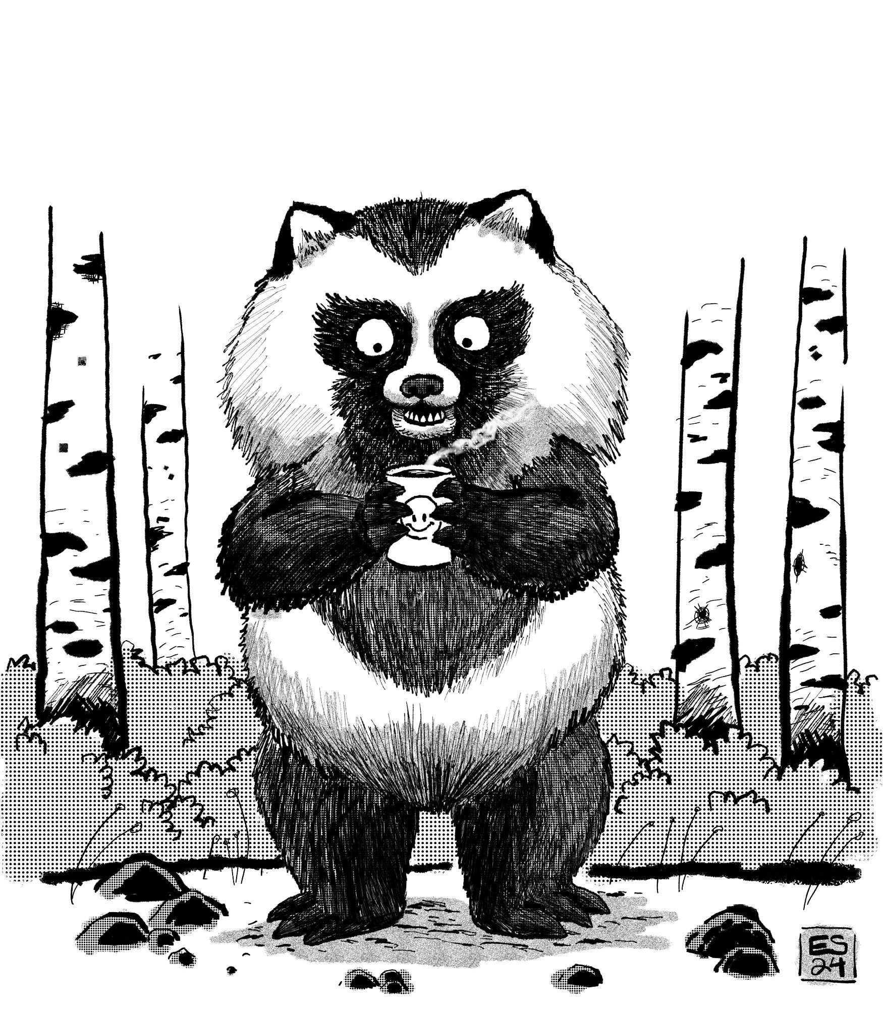 a black and white drawing of a chubby raccoon dog holding a mug of coffee in the forest