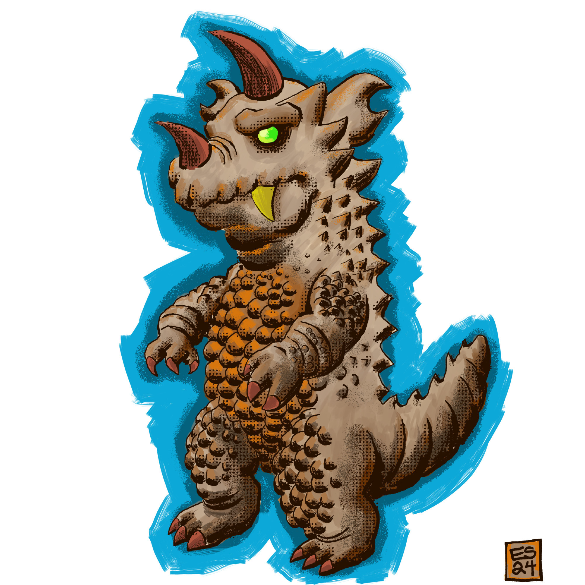 a digital drawing of a spiky, warty brown monster