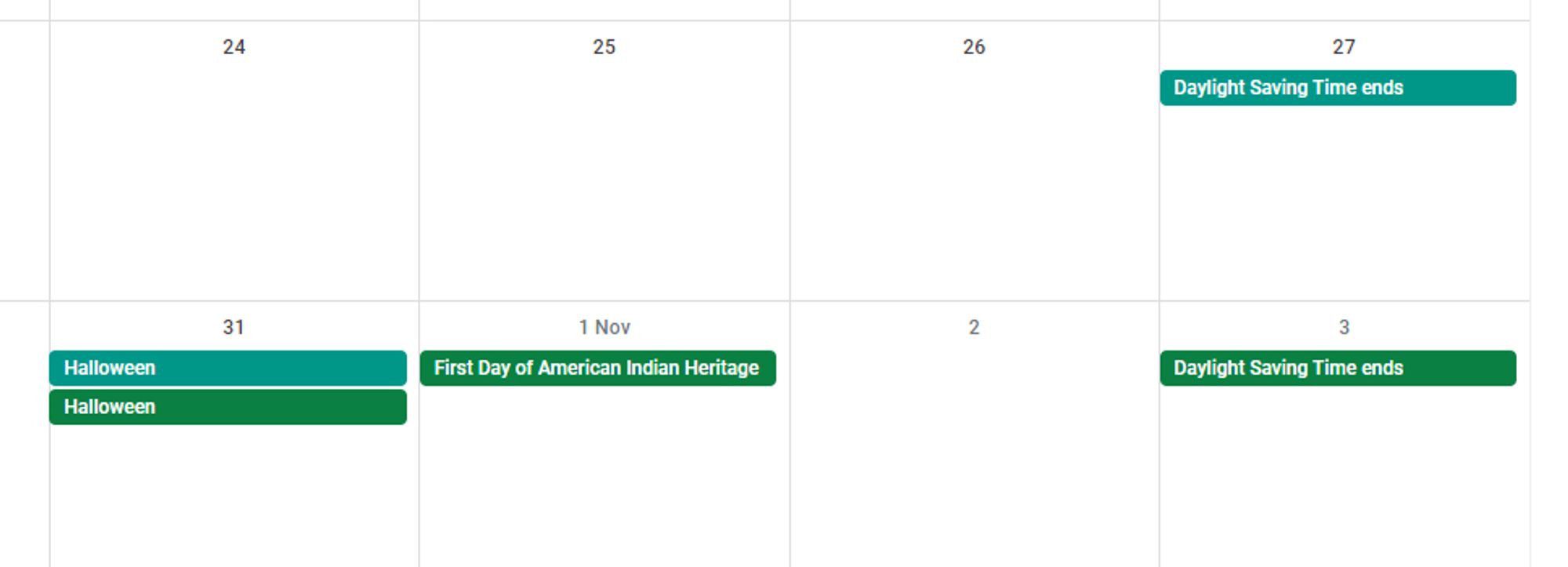 Screenshot of the bottom of the October calendar showing both UK and US holidays. On the 27th Daylight Savings Time ends in the UK. On November 3rd, Daylight Savings Time ends in the US. Both calendars show Halloween on the 31st.