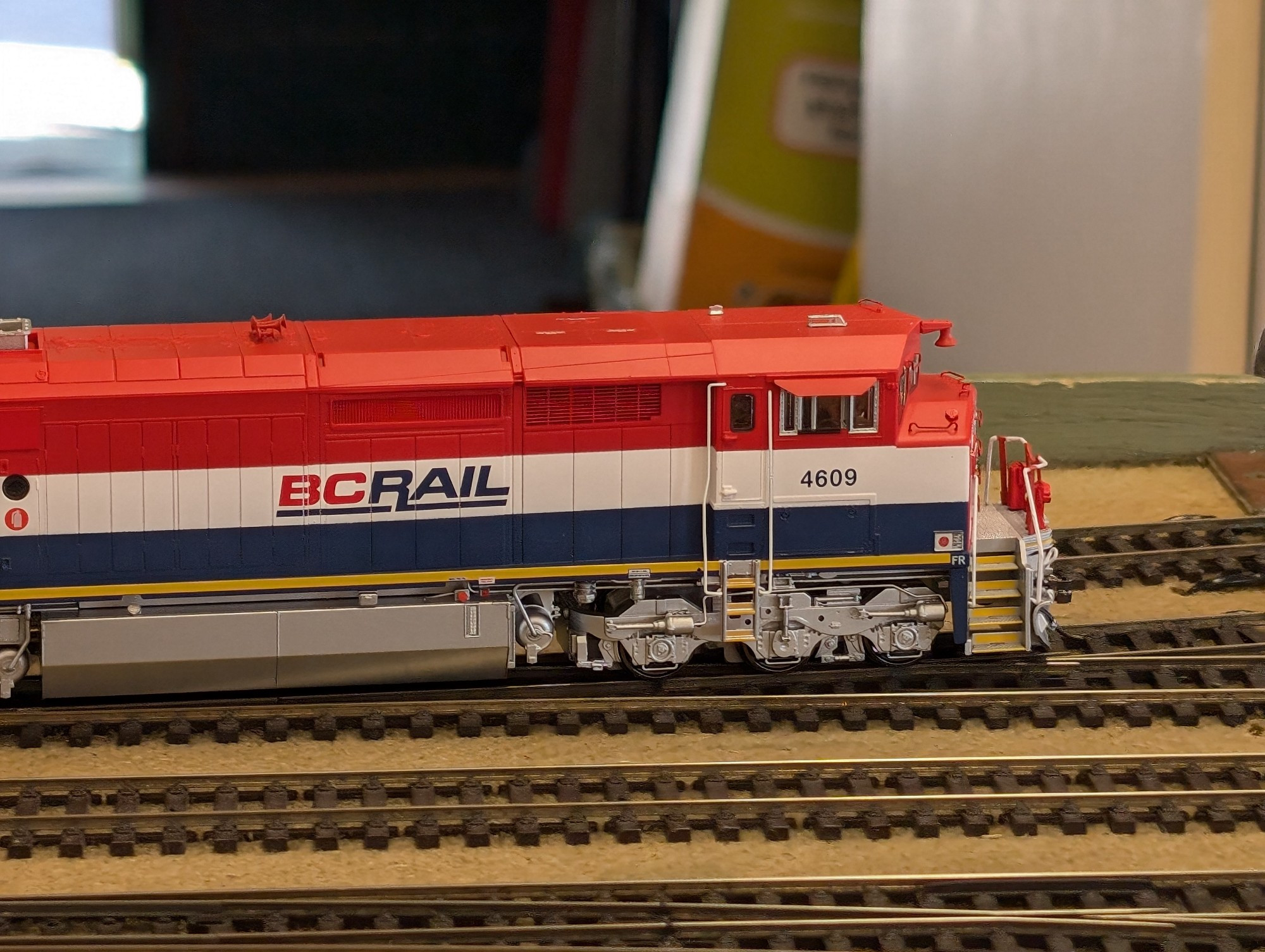 Red white and blue "BC Rail" diesel