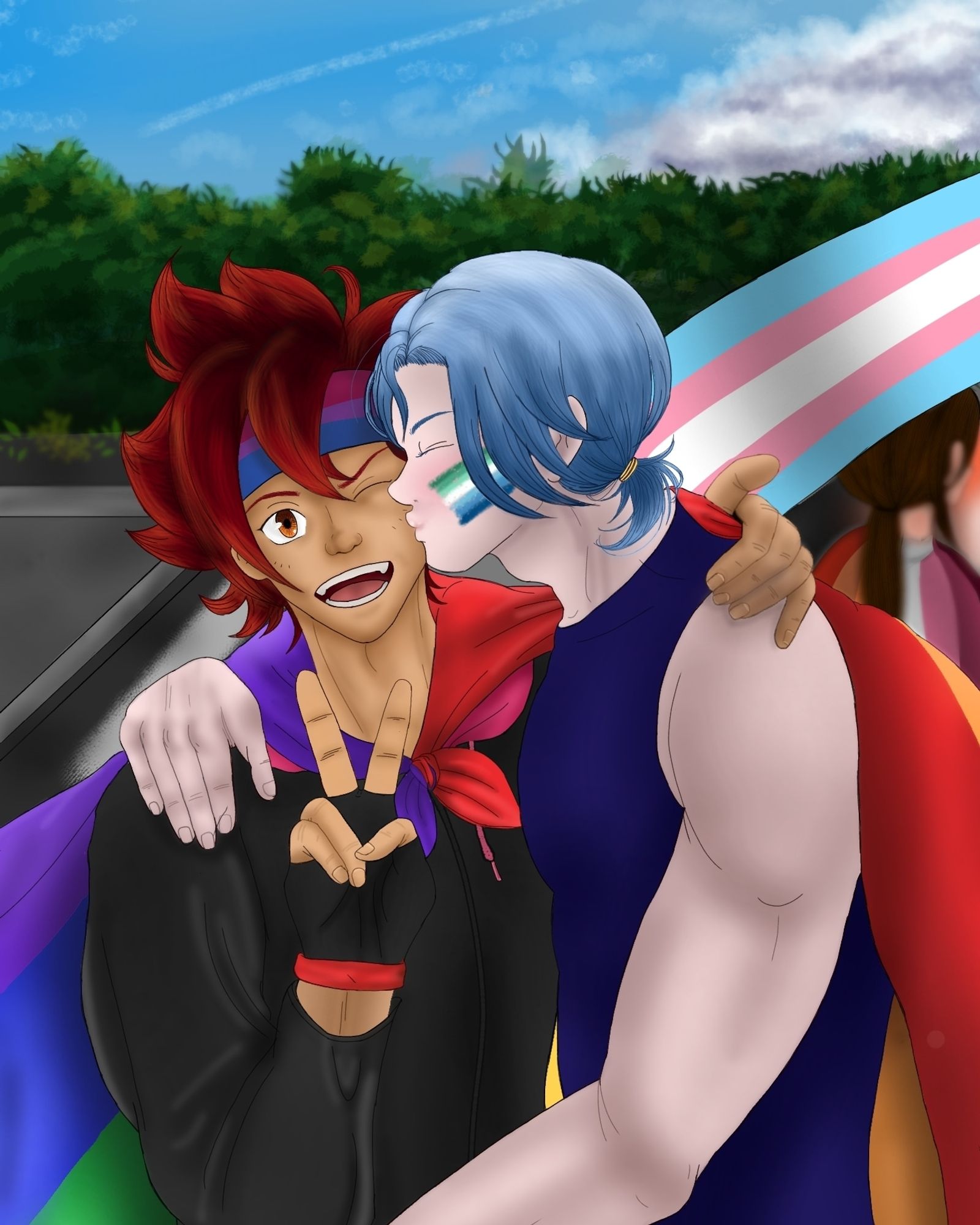 Português: Reki e Langa, personagens do anime "SK8 - The Infinity" posando como um casal homossexual em uma parada do orgulho LGBT.

English: Reki and Langa, characters from the anime "SK8 - The Infinity" posing as a homosexual couple at an LGBT pride parade.