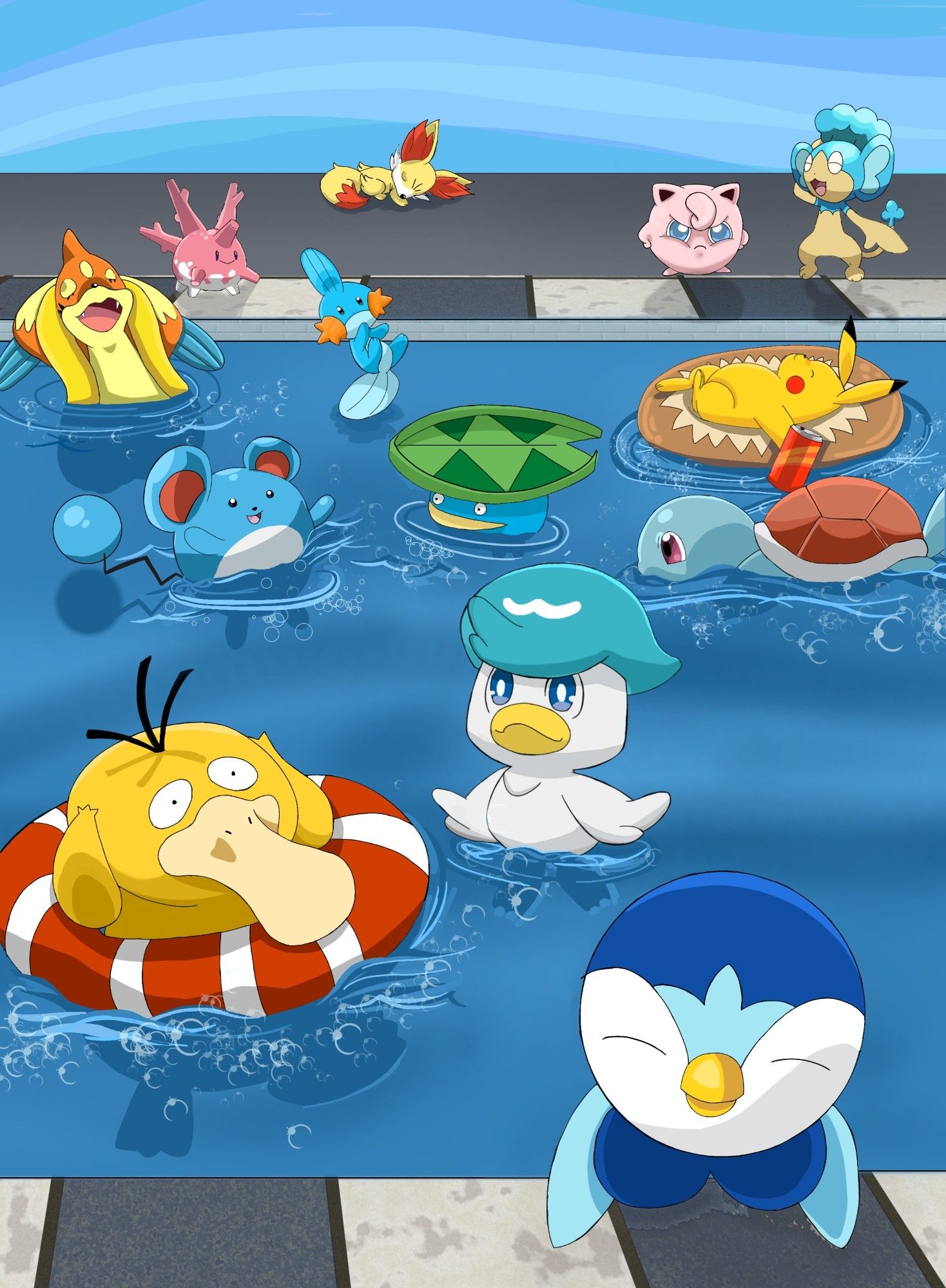 🇧🇷 Os pokémons Fennekin, Corsola, Mudkip, Floatzel, Jigglypuff, Panpour, Marill, Lotad, Pikachu, Squirtle, Quaxly, Psyduck e Piplup em uma piscina.

🇺🇸 Pokémon Fennekin, Corsola, Mudkip, Floatzel, Jigglypuff, Panpour, Marill, Lotad, Pikachu, Squirtle, Quaxly, Psyduck and Piplup in a pool.