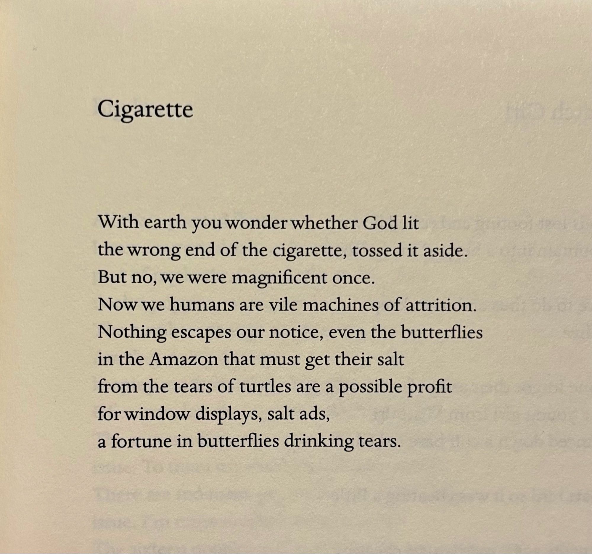 Cigarette


With earth you wonder whether God lit
the wrong end of the cigarette, tossed it aside.
But no, we were magnificent once.
Now we humans are vile machines of attrition.
Nothing escapes our notice, even the butterflies
in the Amazon that must get their salt
from the tears of turtles are a possible profit
for window displays, salt ads,
a fortune in butterflies drinking tears.