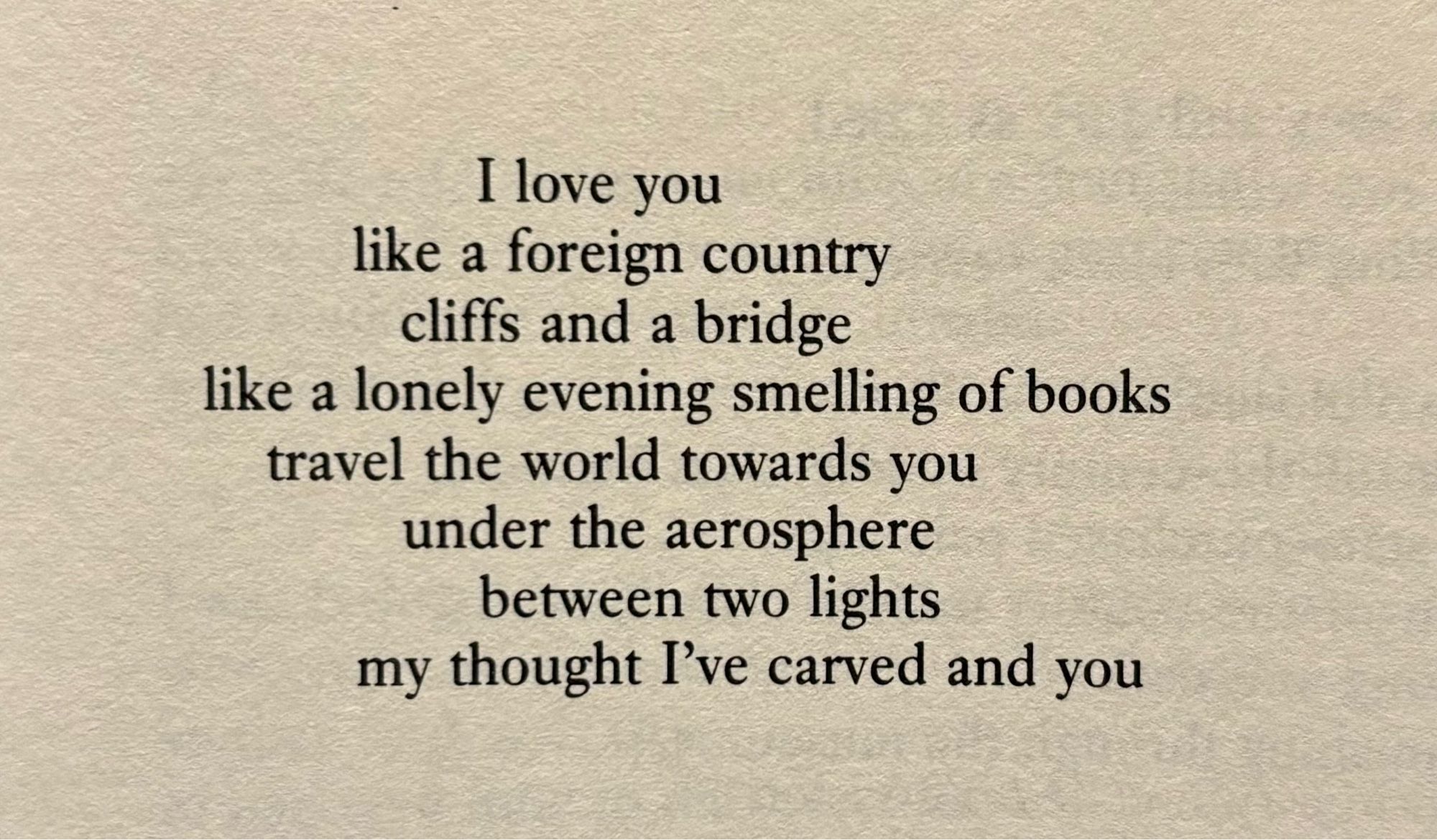 I love you
like a foreign country
cliffs and a bridge
like a lonely evening smelling of books
travel the world towards you
under the aerosphere
between two lights
my thought I’ve carved and you