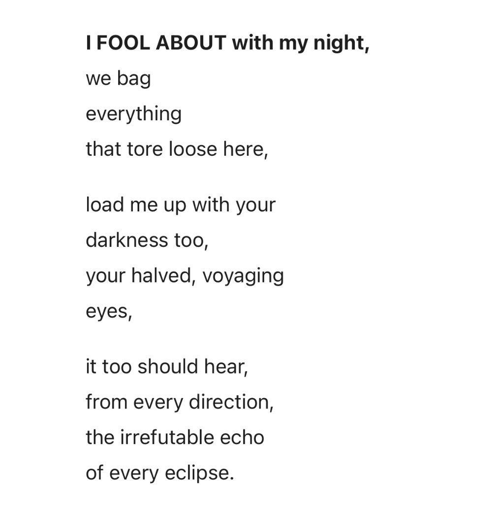 I FOOL ABOUT with my night,
we bag
everything
that tore loose here,

load me up with your
darkness too,
your halved, voyaging
eyes,

it too should hear,
from every direction,
the irrefutable echo
of every eclipse.