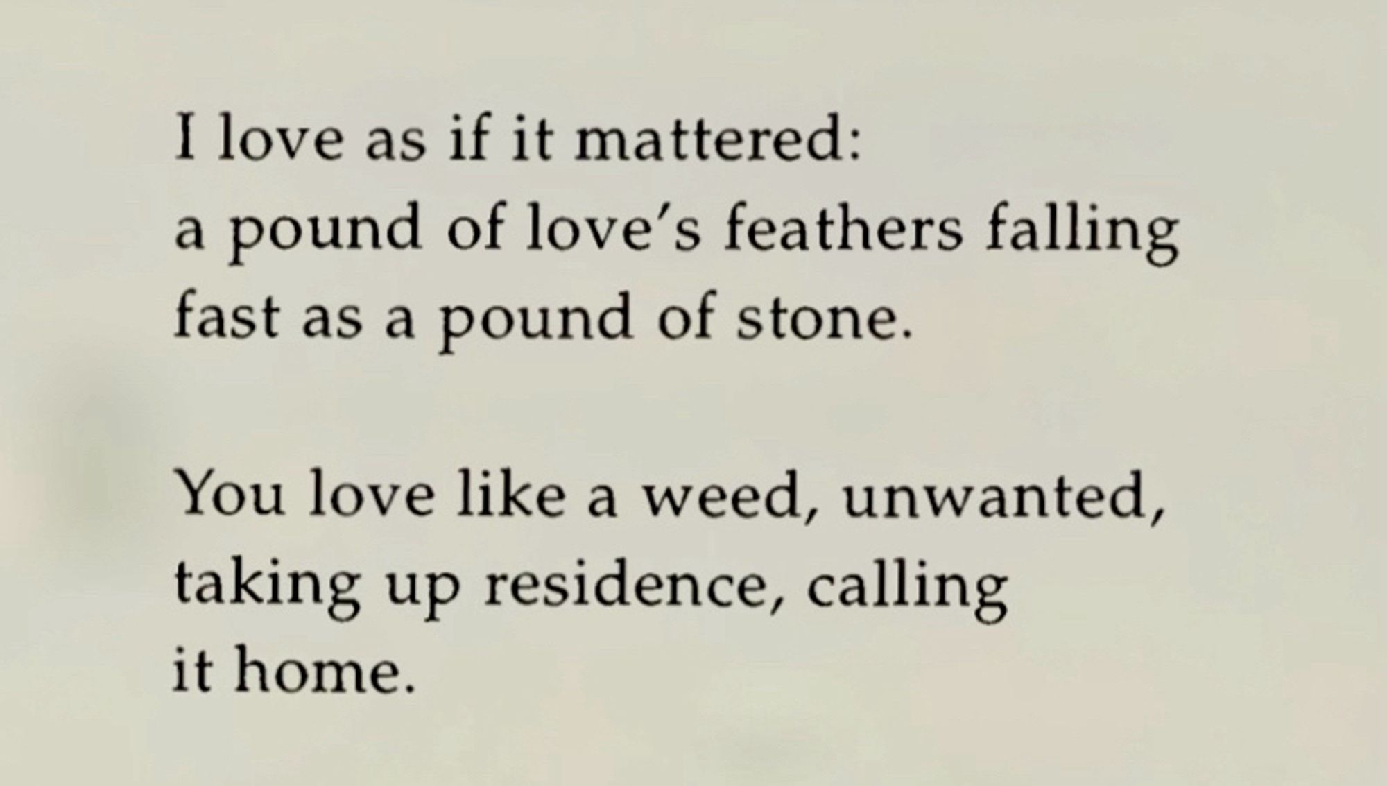 I love as if it mattered:
a pound of love’s feathers falling
fast as a pound of stone.

You love like a weed, unwanted,
taking up residence, calling
it home.