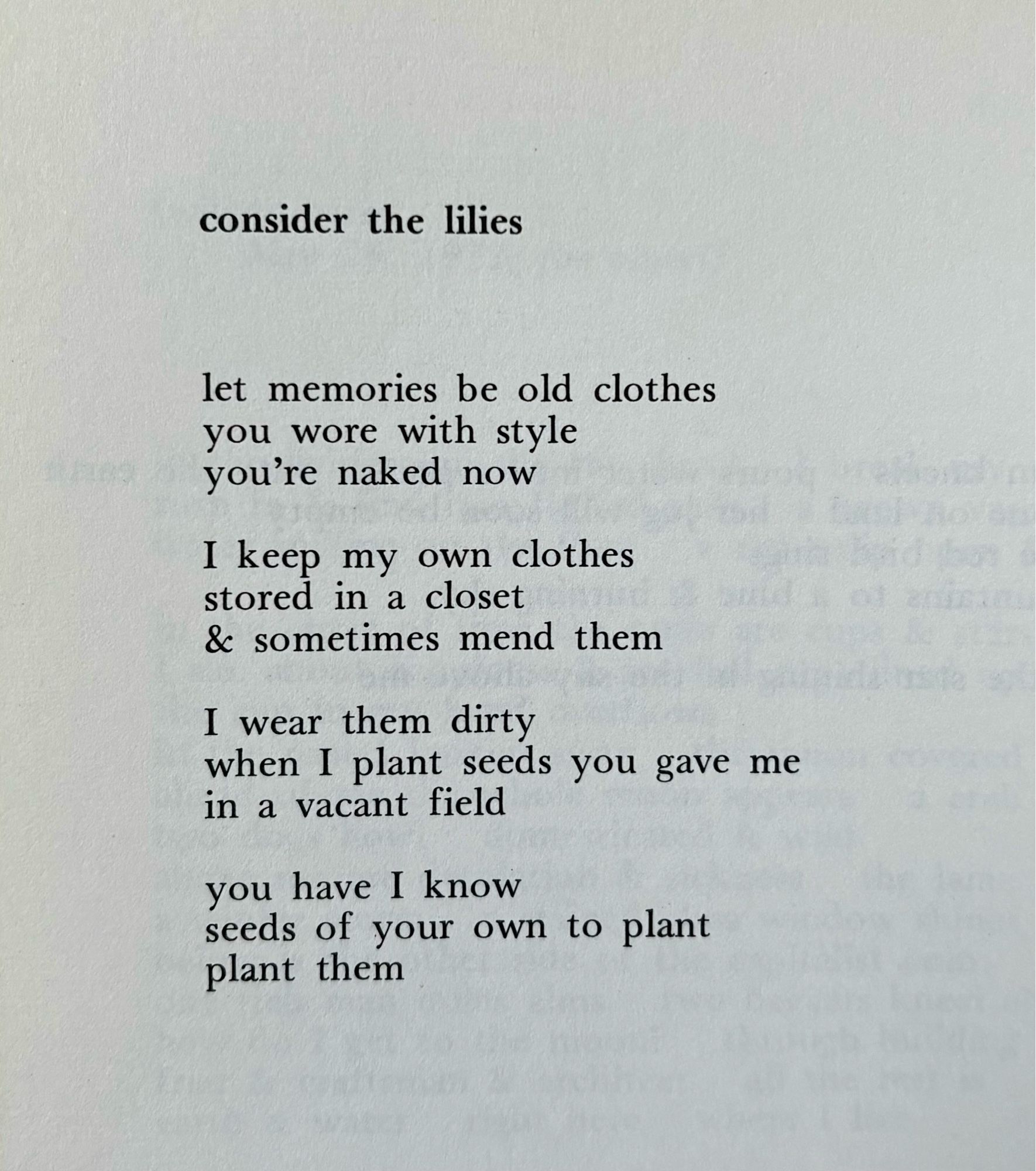 consider the lilies


let memories be old clothes
you wore with style
you're naked now

I keep my own clothes
stored in a closet
& sometimes mend them

I wear them dirty
when I plant seeds you gave me
in a vacant field

you have I know
seeds of your own to plant
plant them