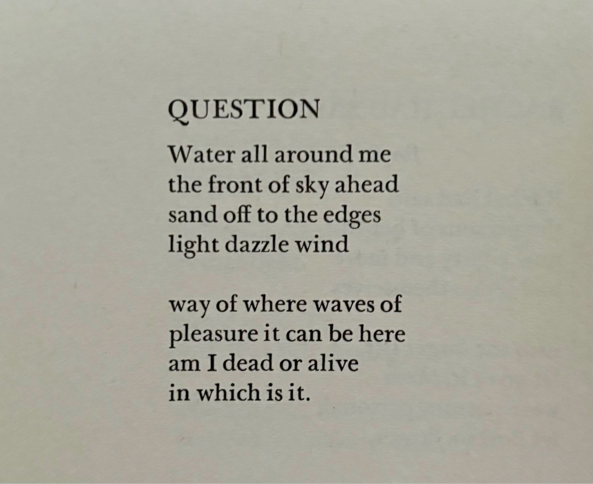 QUESTION

Water all around me
the front of sky ahead
sand off to the edges
light dazzle wind

way of where waves of
pleasure it can be here
am I dead or alive
in which is it.