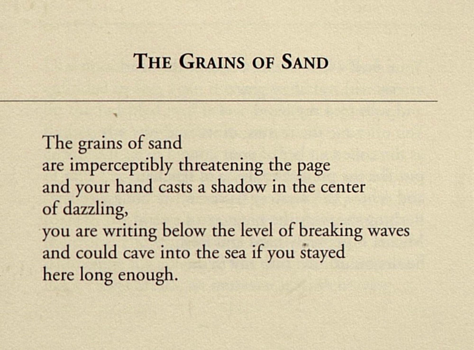 THE GRAINS OF SAND

The grains of sand
are imperceptibly threatening the page
and your hand casts a shadow in the center
of dazzling,
you are writing below the level of breaking waves
and could cave into the sea if you stayed
here long enough.