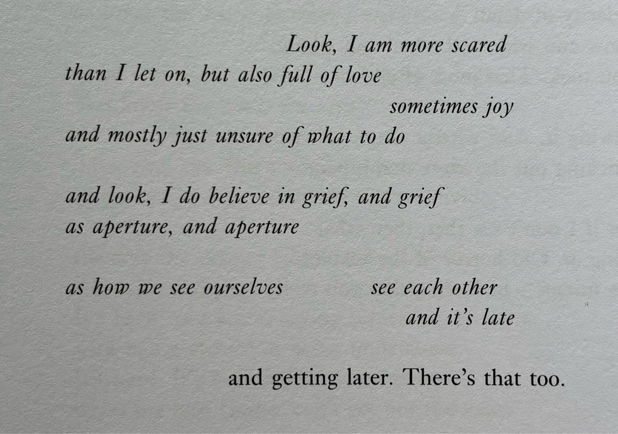 Look, I am more scared
than I let on, but also full of love
sometimes joy
and mostly just unsure of what to do

and look, I do believe in grief, and grief
as aperture, and aperture
as how we see ourselves
see each other
and it's late

and getting later. There's that too.