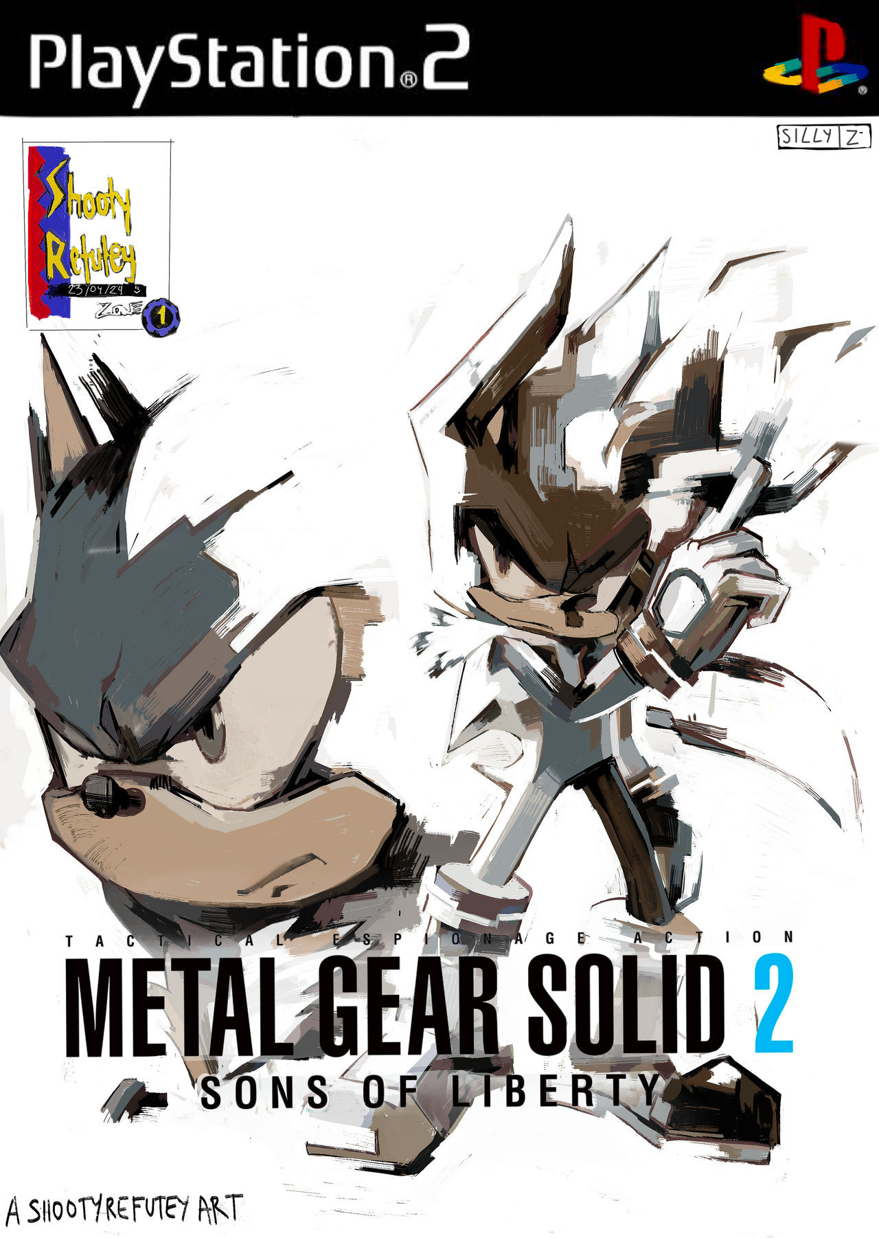 The cover of Metal Gear Solid 2 but Raiden is replaced with Silver the Hedgehog and Solid Snake is replaced with Shadow the Hedgehog