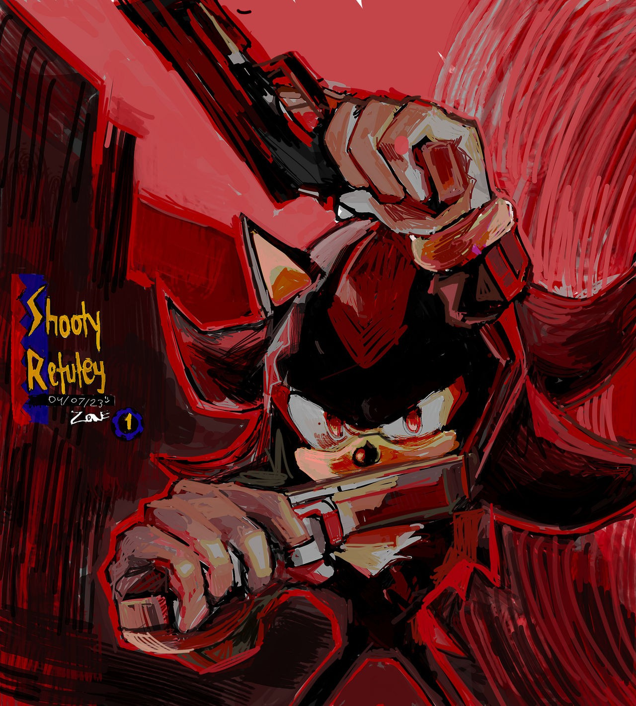 Shadow the Hedgehog holding one pistol up above him and another in front. He is in a red, swirly environment that vaguely resembles a city. I referenced a pose from Devil May Cry 2.