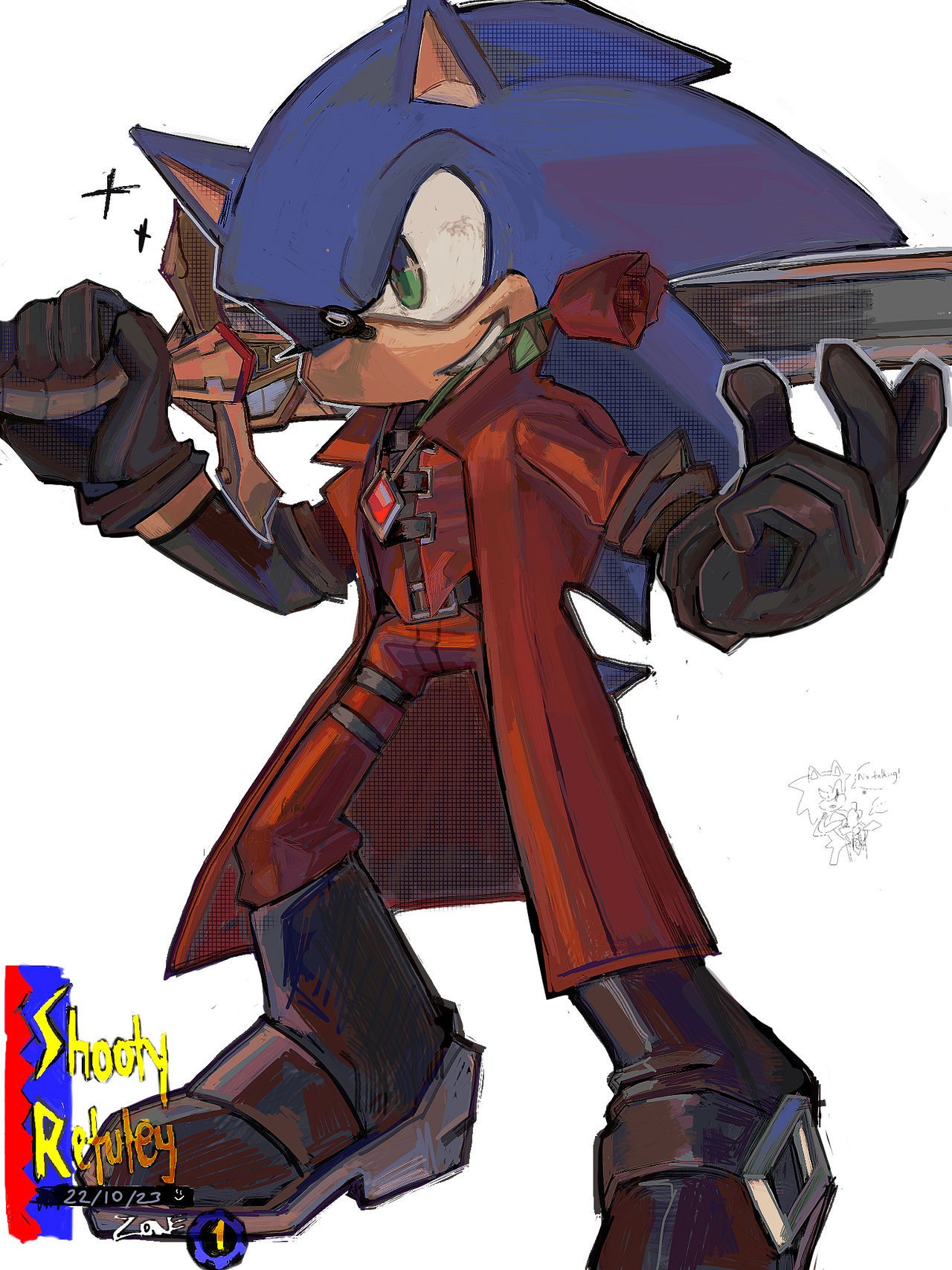 Sonic dressed as Dante from Devil May Cry. He holds Caliburn over his shoulder.