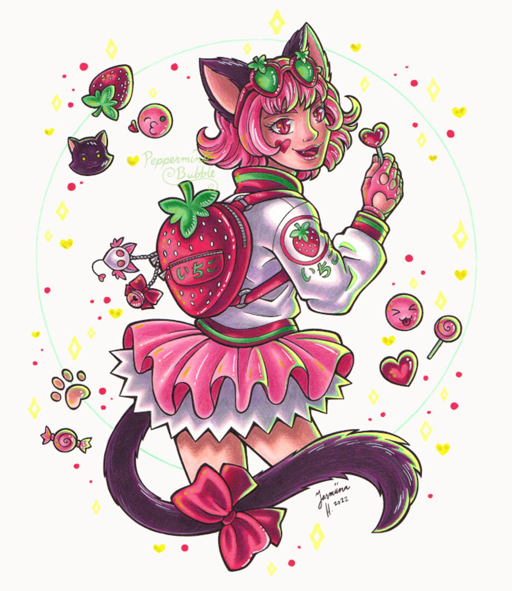 A traditionally colored illustration of a stylized, slightly edgy version of Mew Ichigo in streetwear