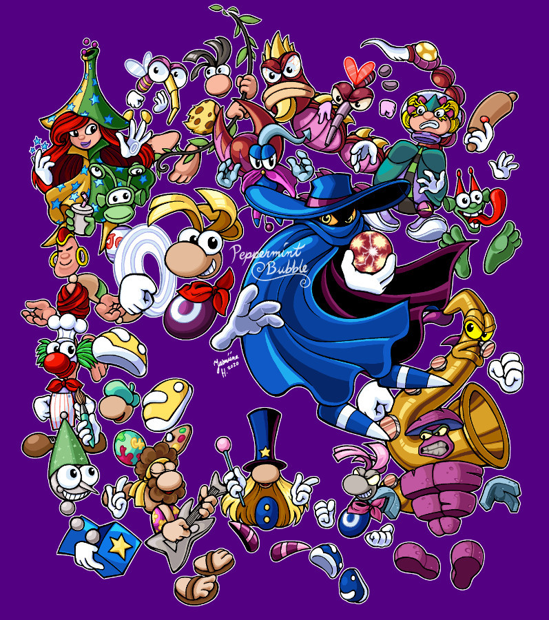 A digitally colored illustration of Rayman and Mister Dark, surrounded with every notable frinedly NPC and villain character featured in Rayman Redemption