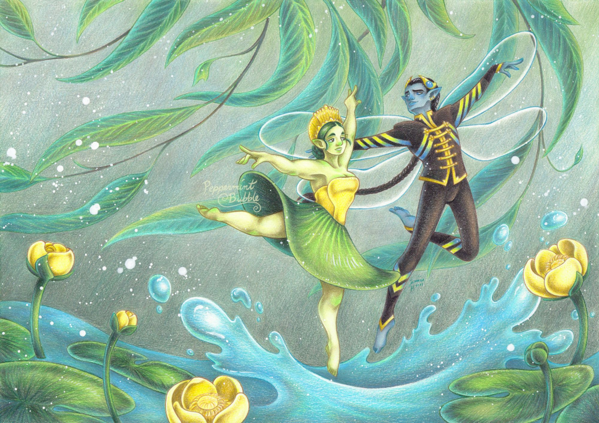 A large colored pencil illustration of a yellow waterily fairy and a dragonfly fairy dancing over a pond