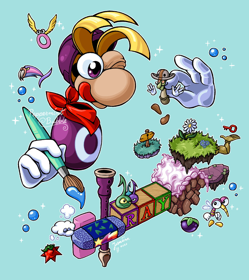 A digitally colored illustration of a large Rayman building a level consiting of miscellaneous assets from the first game, loosely inspired by Super Mario Maker key visuals