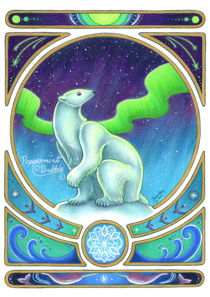 A traditional mixed media illustration of a polar bear, loosely inspired by art nouveau