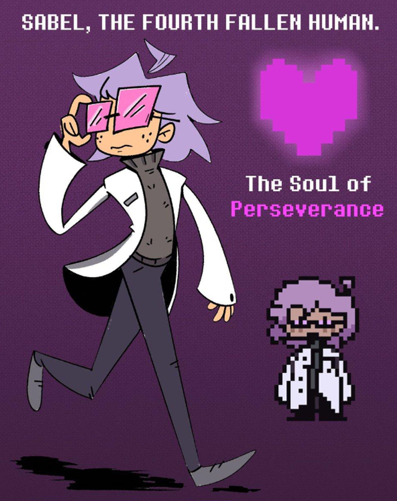 A human with purple hair and violet glasses. They are wearing a white labcoat with a fuzzy sweater underneath. They are wearing dark grey-ish blue pants and lighter-grey shoes as well. To the right on the labcoat is a blank nametag. And between the sweater and pants is a dark-grey belt. On the sides of human's face are some freckles.
The human in the picture is adjusting their glasses to be straight.